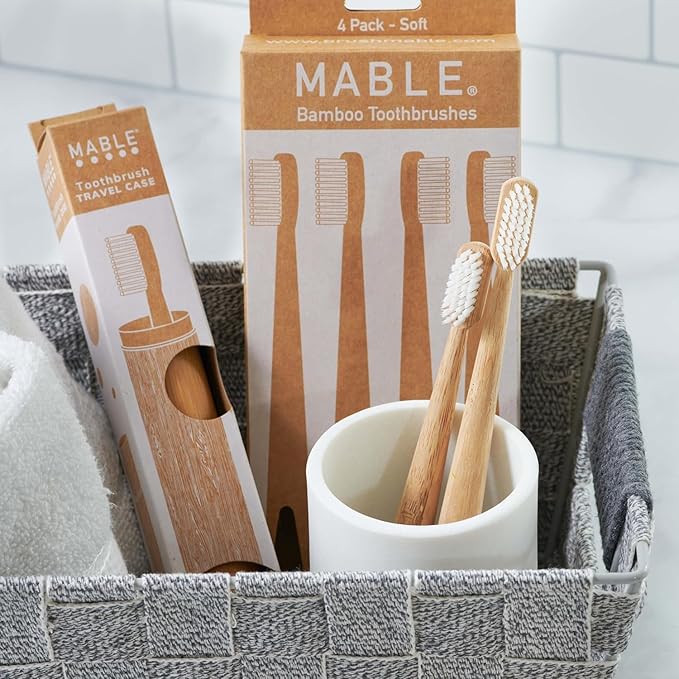 MABLE Four Pack Bamboo Toothbrush for Adult | Medium Bristle Natural Wood Toothbrushes | Eco-Friendly, BPA Free, Compostable Tooth Brush