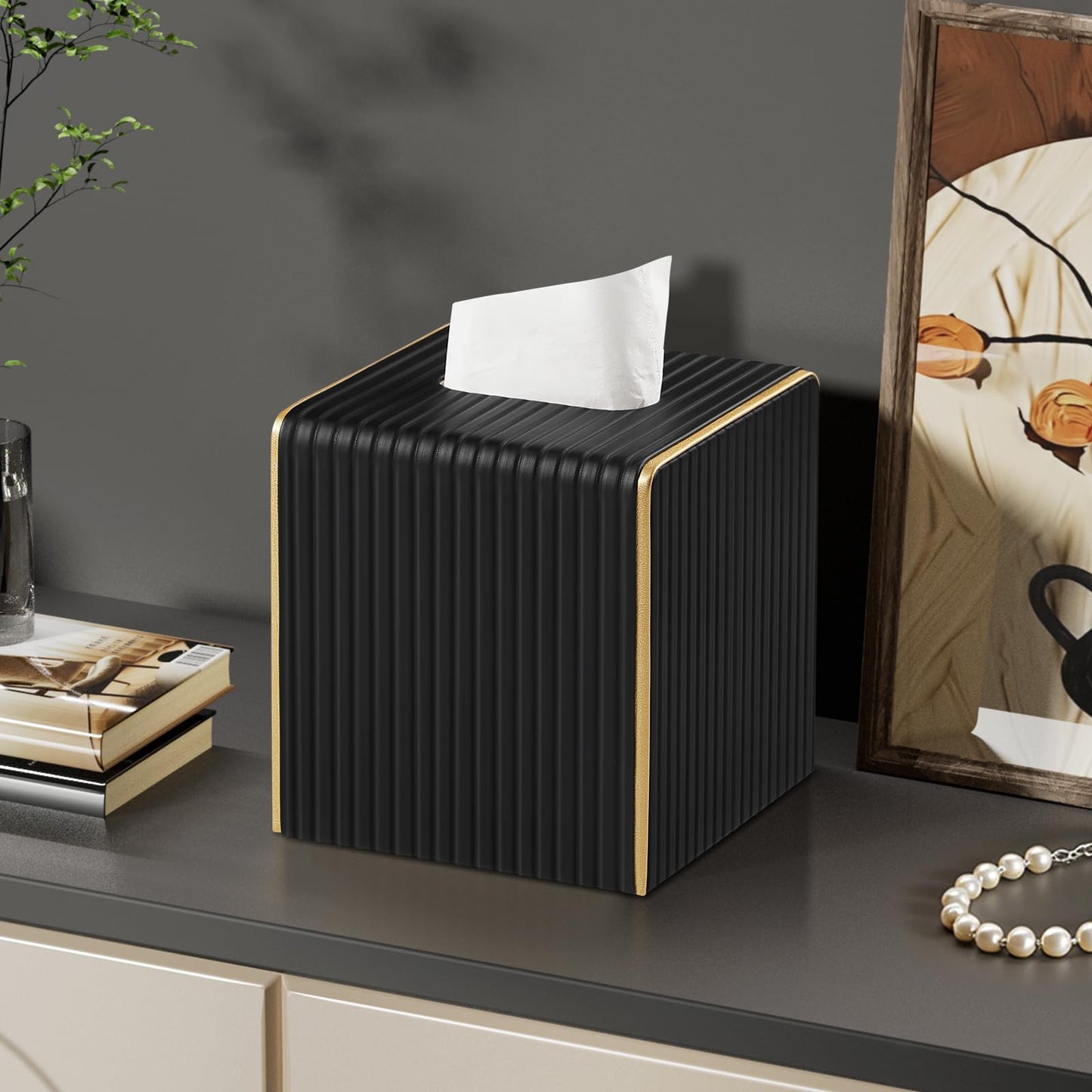 Square PU Leather Tissue Box Cover with Magnetic Closure, Decorative Tissue Holder & Storage Container for Bedroom, Living Room, Dining Room, Bathroom, Countertop, Desk & Office (Black)