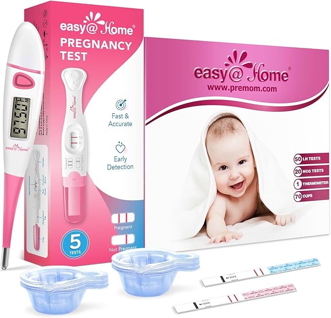 Easy@Home Pregnancy Test Sticks: Early Detection & Reliable + Easy@Home Ovulation Test Kit: 50 Ovulation Strips & 20 Early Pregnancy Tests & One Basal Body Thermometer & 70 Urine Cups