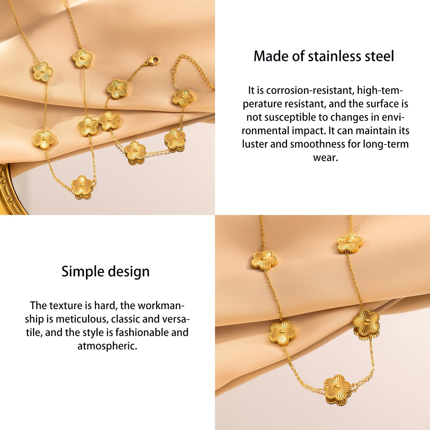 Vbvbip 18K Gold Plated 316L Stainless Steel Bracelet Collection - 12 Unique Designs + Matching Diamond-Accent Titanium Steel Petals Chain, Gift for Women