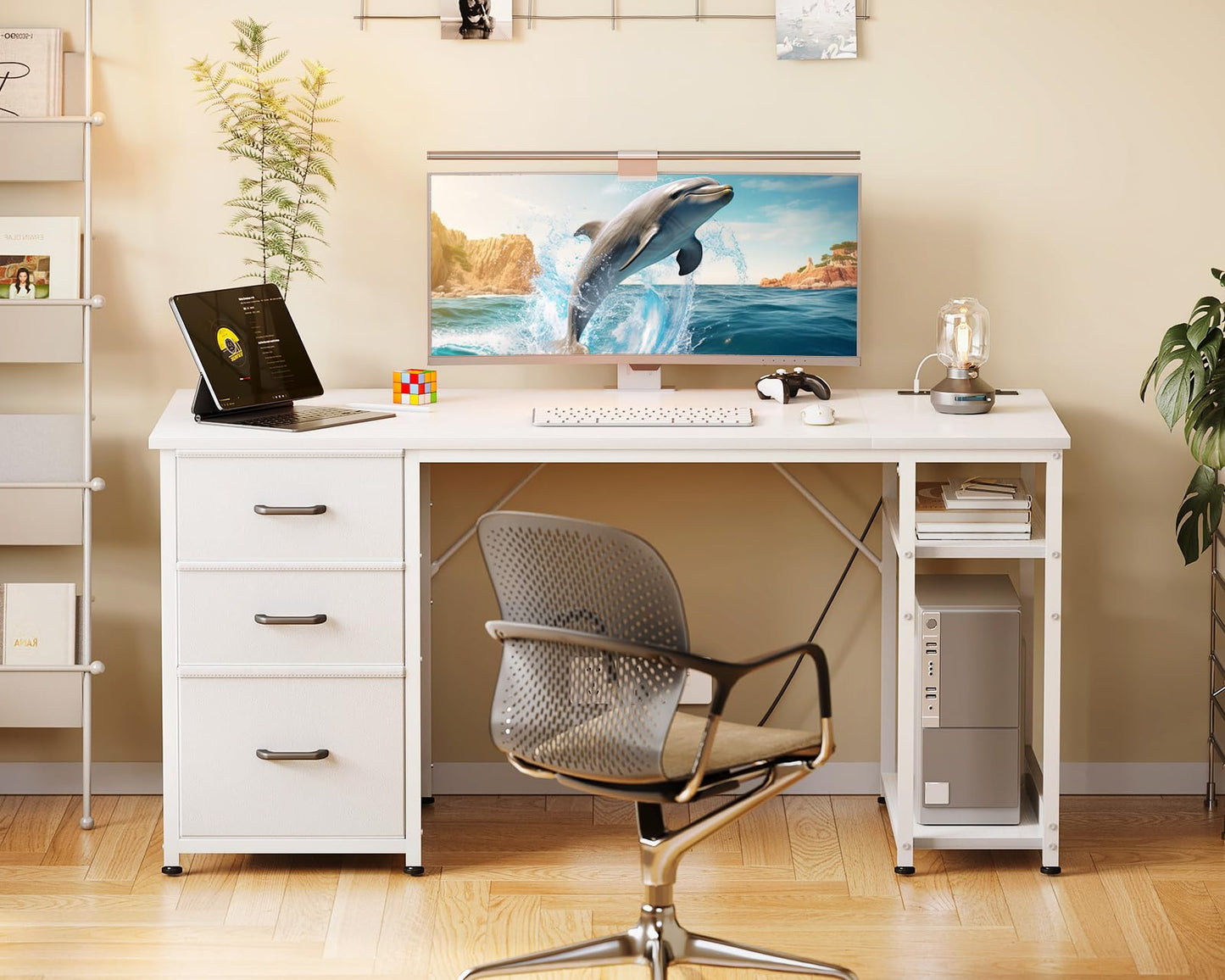 AODK 51 Inch Computer Desk with Drawers & USB Power Outlets - Reversible Home Office Desk with Storage Shelves, Work from Home, Modern Work/Writing/Study Table for Bedroom, White