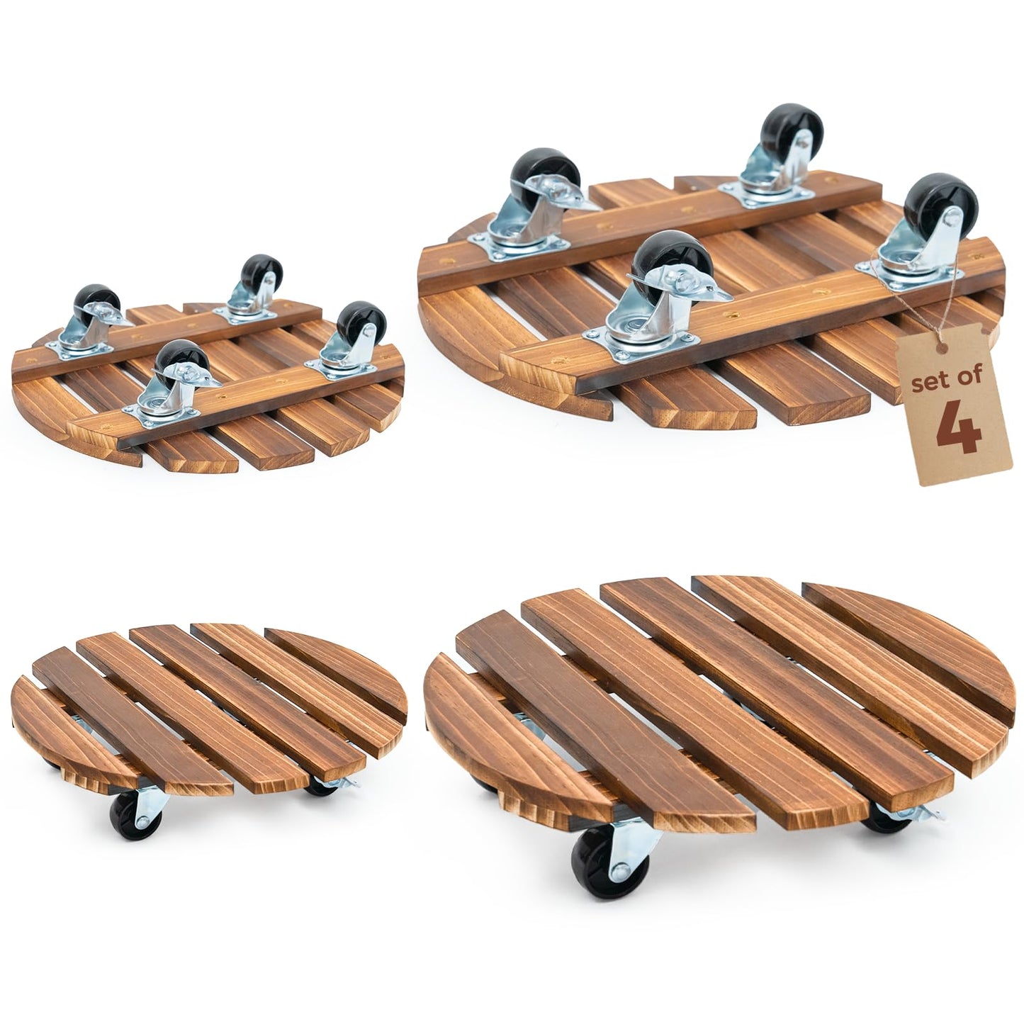 Bamworld Plant Stand with Wheels Plant Caddy Outdoor 4 Pack 12in Rolling Planter Caddy with Swiveling and Lockable Caster for Indoor Patio Plant Dolly Wood Wheeled Mobile Roller