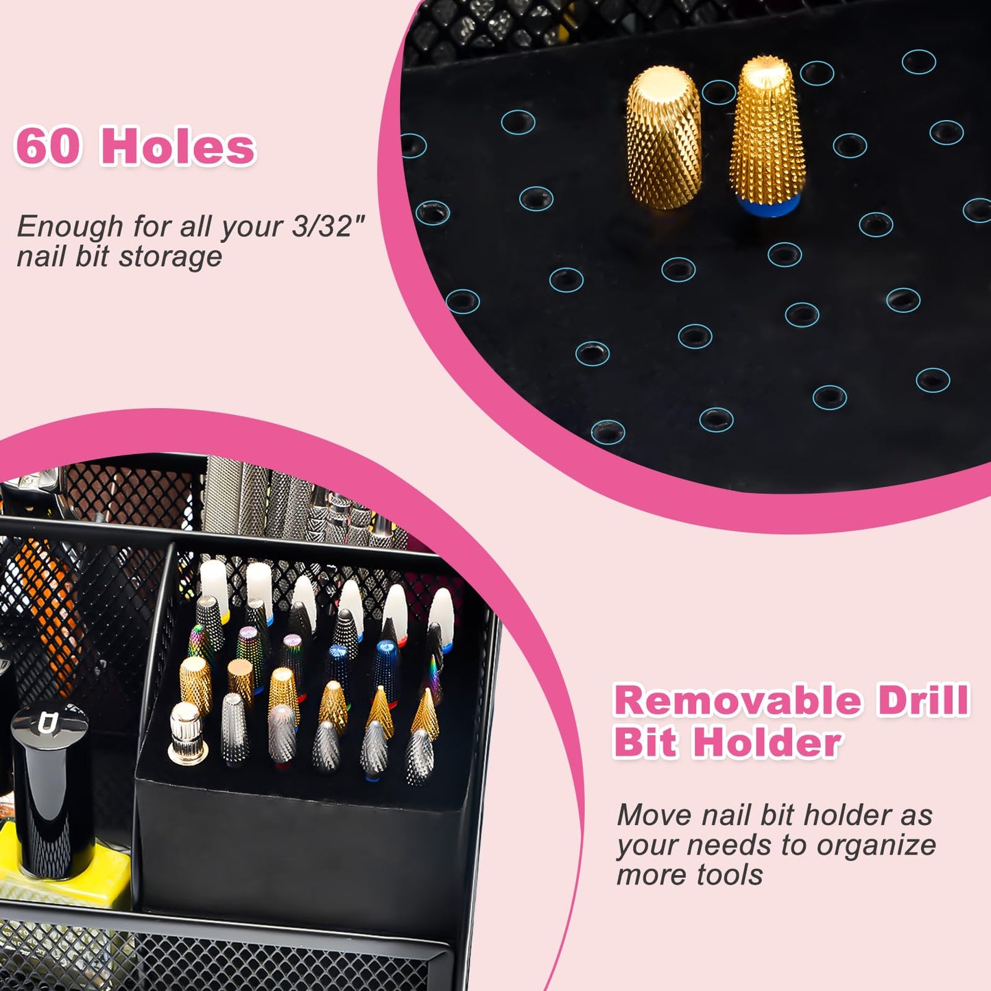 CGBE Nail Drill Bits Holder: 60 Holes Professional Drill Bit Holder for Nails - Mesh Metal Nail Tools Organizer Display Case - Nail Desk Organizer for Nail Tech - Black (Not Included Nail Drill)