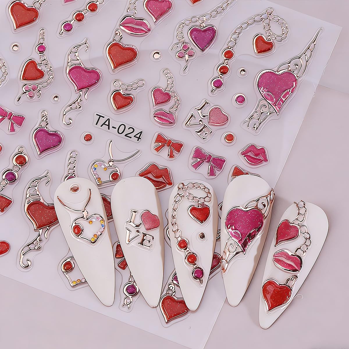 2 Sheets 5D Embossed Valentines Nail Art Stickers Glitter Pink Red Heart Bow Red Lips Nail Decals Love Key Chain Nail Design Stickers Self-Adhesive Romantic Valentine's Nails Supply for Women Manicure