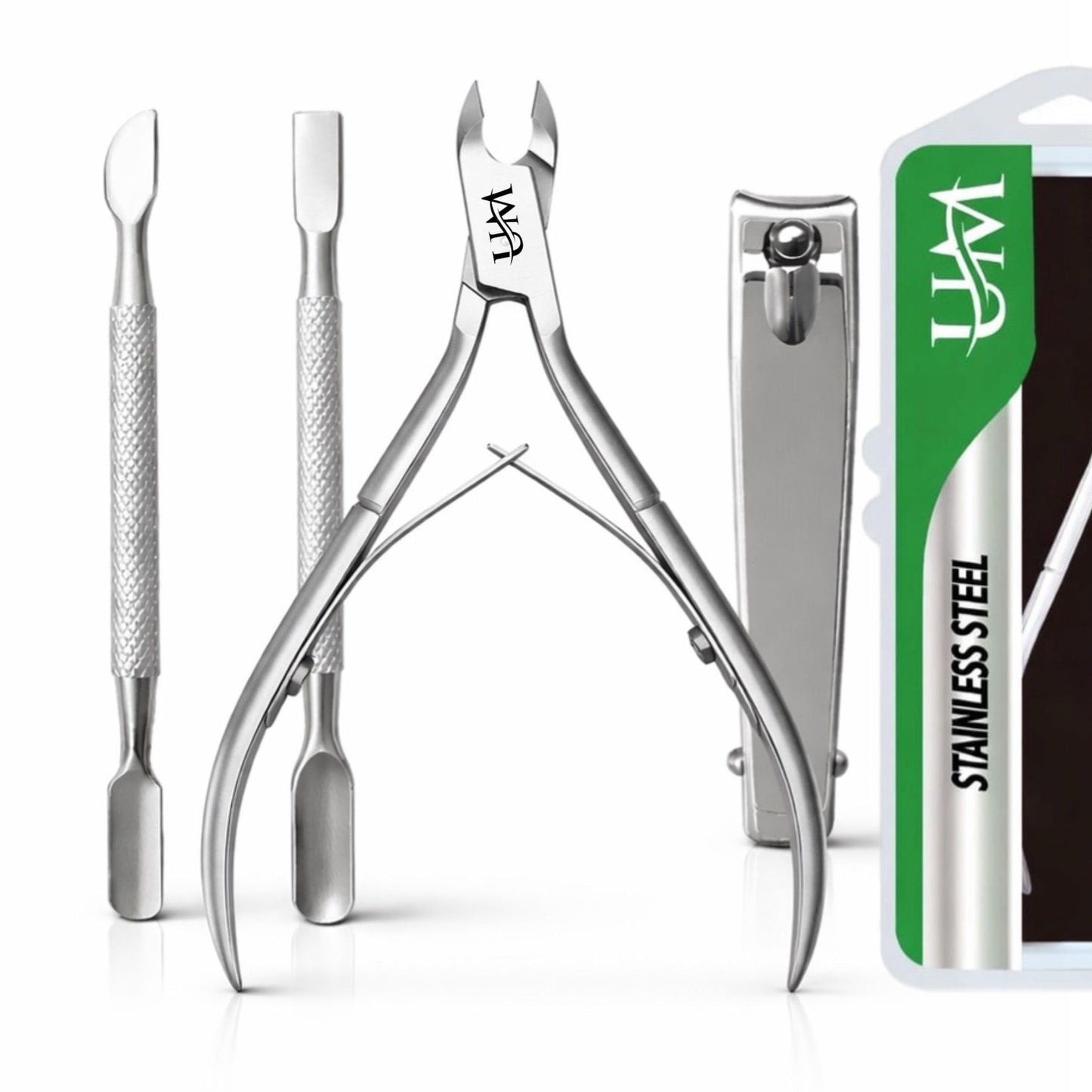 UM Supplies 4PCS Nail Care Set + Storage Pouch | Professional Cuticle Nipper with 2 Pushers and Nail Cutter Stainless Steel | Manicure Pedicure Tool | Jaw 14 (5mm) Double Spring