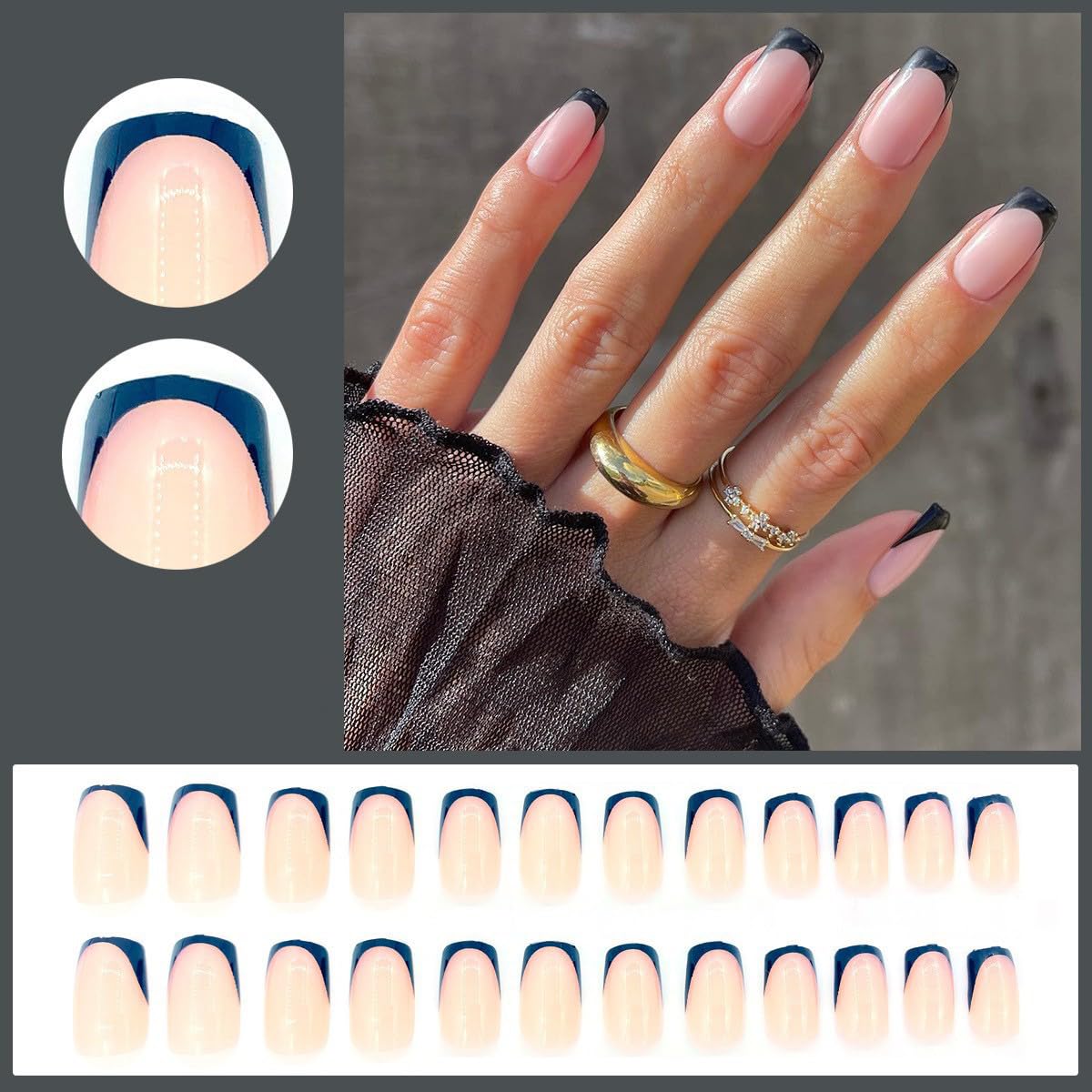 Black French Tip Press on Nails Short Square Fake Nails Full Cover Stick on Press ons - Nude False Acrylic Nails for Women Manicure 24 Pcs