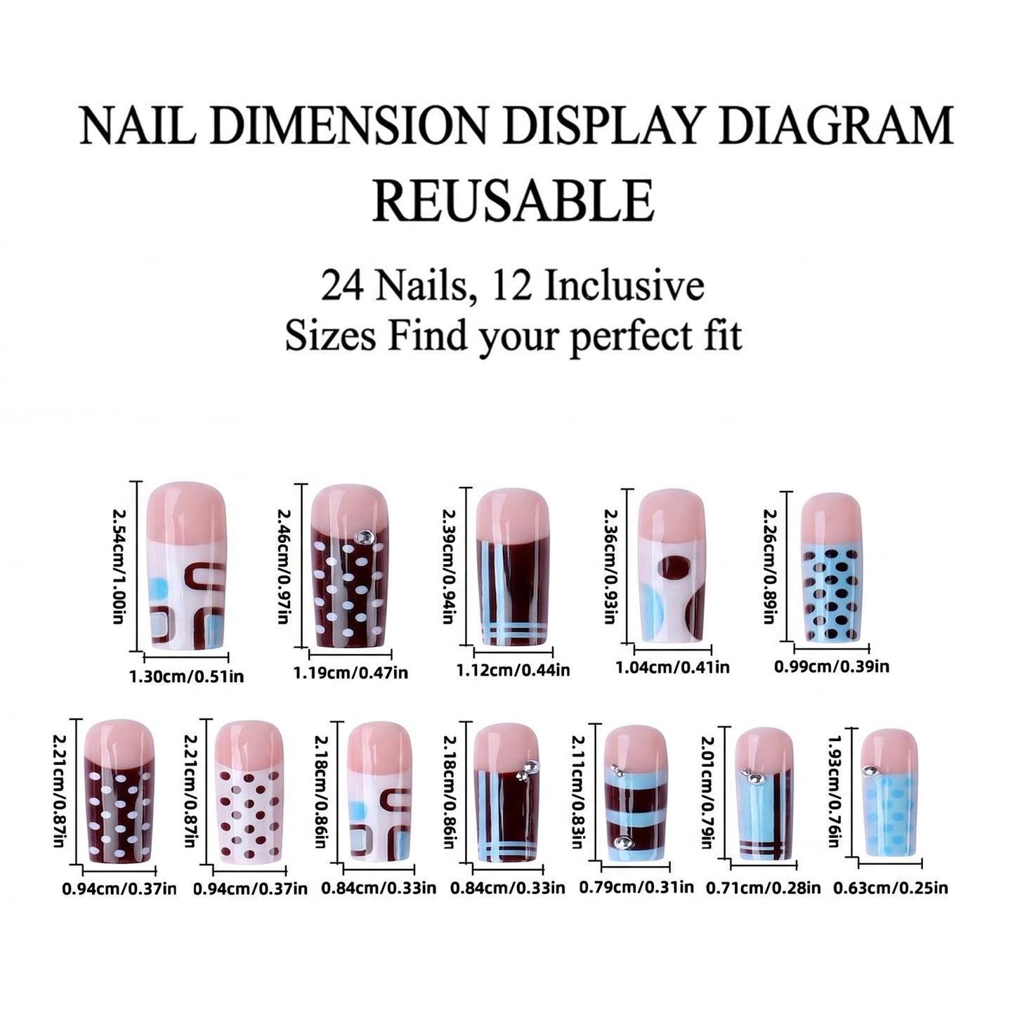 IMSOHOT Square Press on Nails, Long Fake Nails, Blue Geometric Polka Dot 3D Charm Design, 24 Pcs Reusable Glue on Nails for Women, Salon Quality