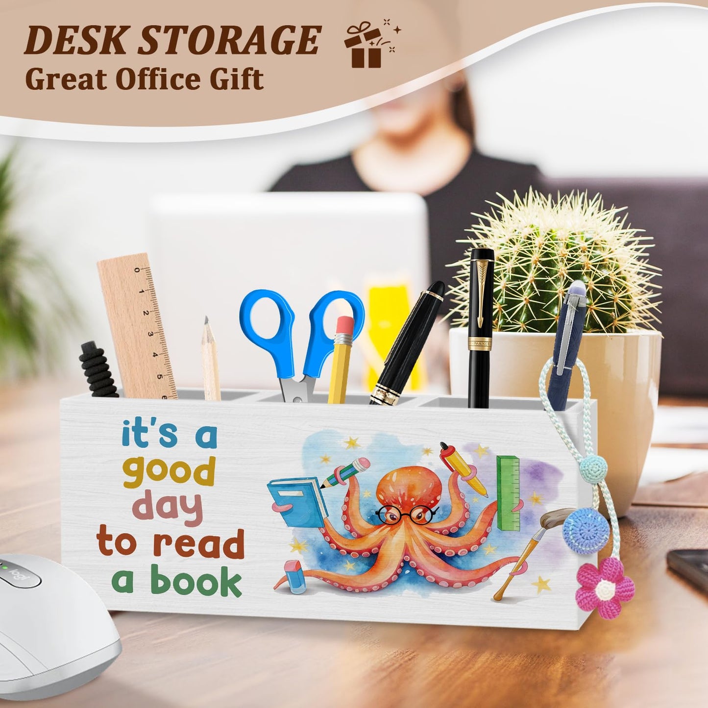 WODMIS Book Lovers Gifts Pen Pencil Holder for Desk, Book Reader Gifts, It's a Good Day to Read a Book Octopus Wooden Box Organizer Decorations for Classroom Reading Room Desk Accessories Tabletop