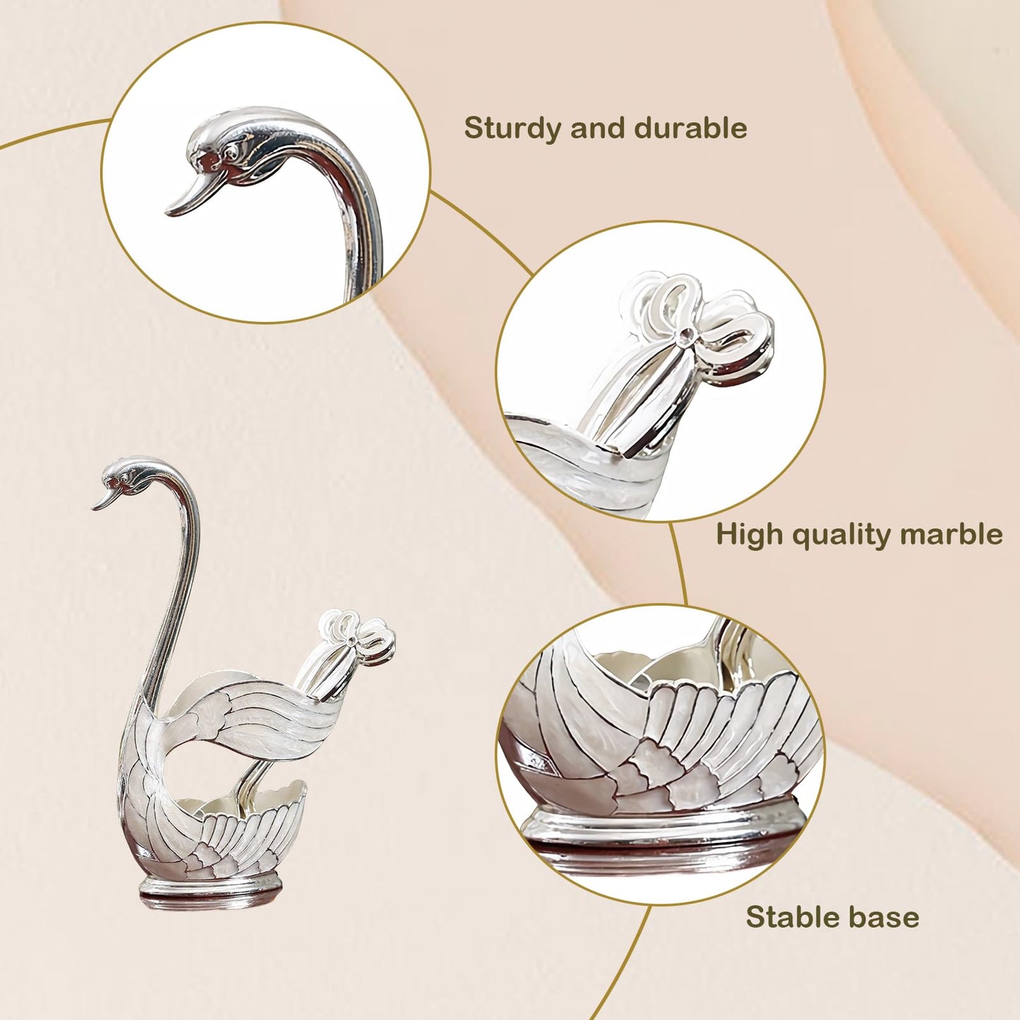 Decorative Gold Swan Base Holder with 6pcs Coffee Spoon Set - Creative Dessert Spoons,Silver