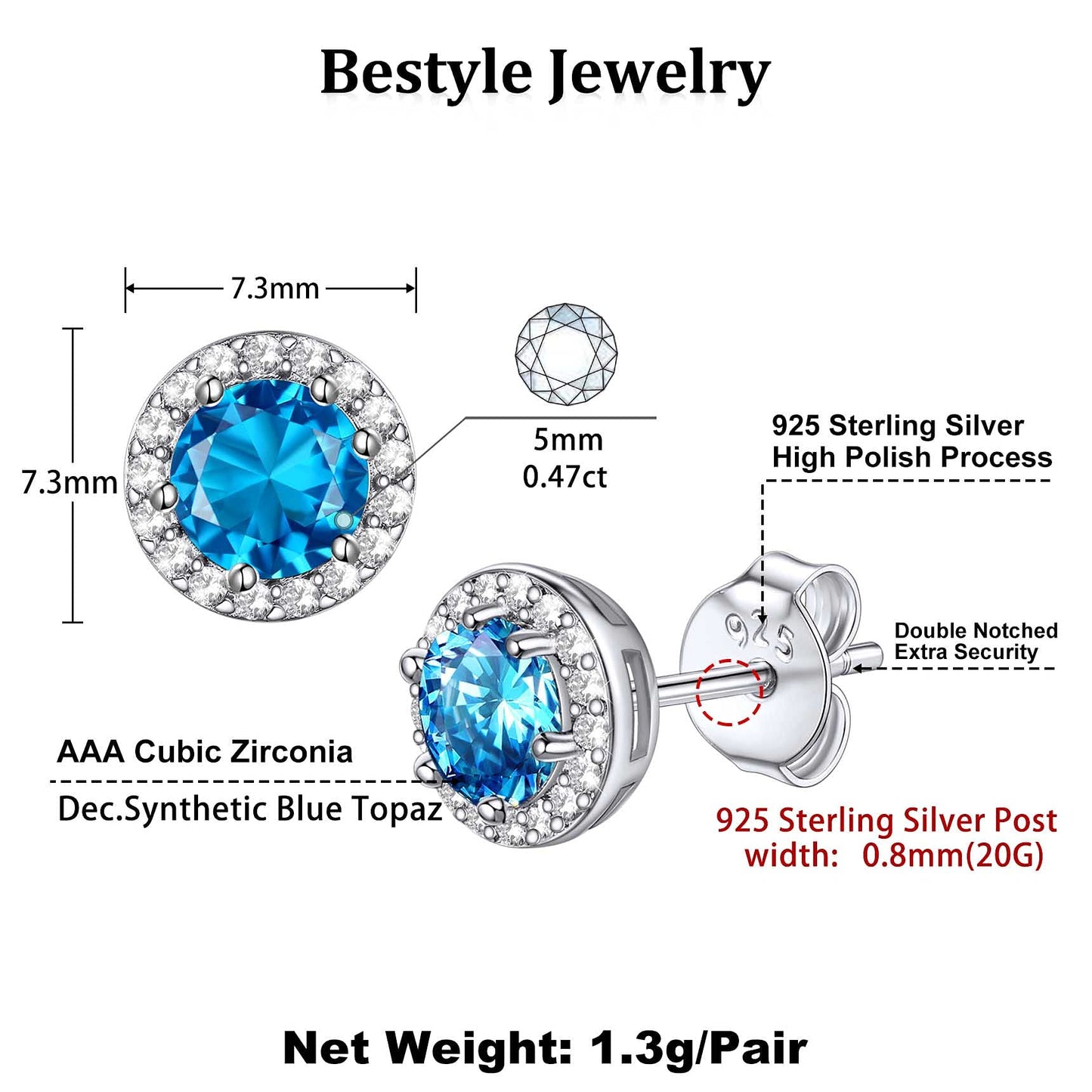 Bestyle CZ Round Diamond Stud Earrings 5mm December Blue Topaz Birthstone Solitaire Earrings, 925 Sterling Silver Earrings Jewelry Gift for Wedding Anniversary Birthday