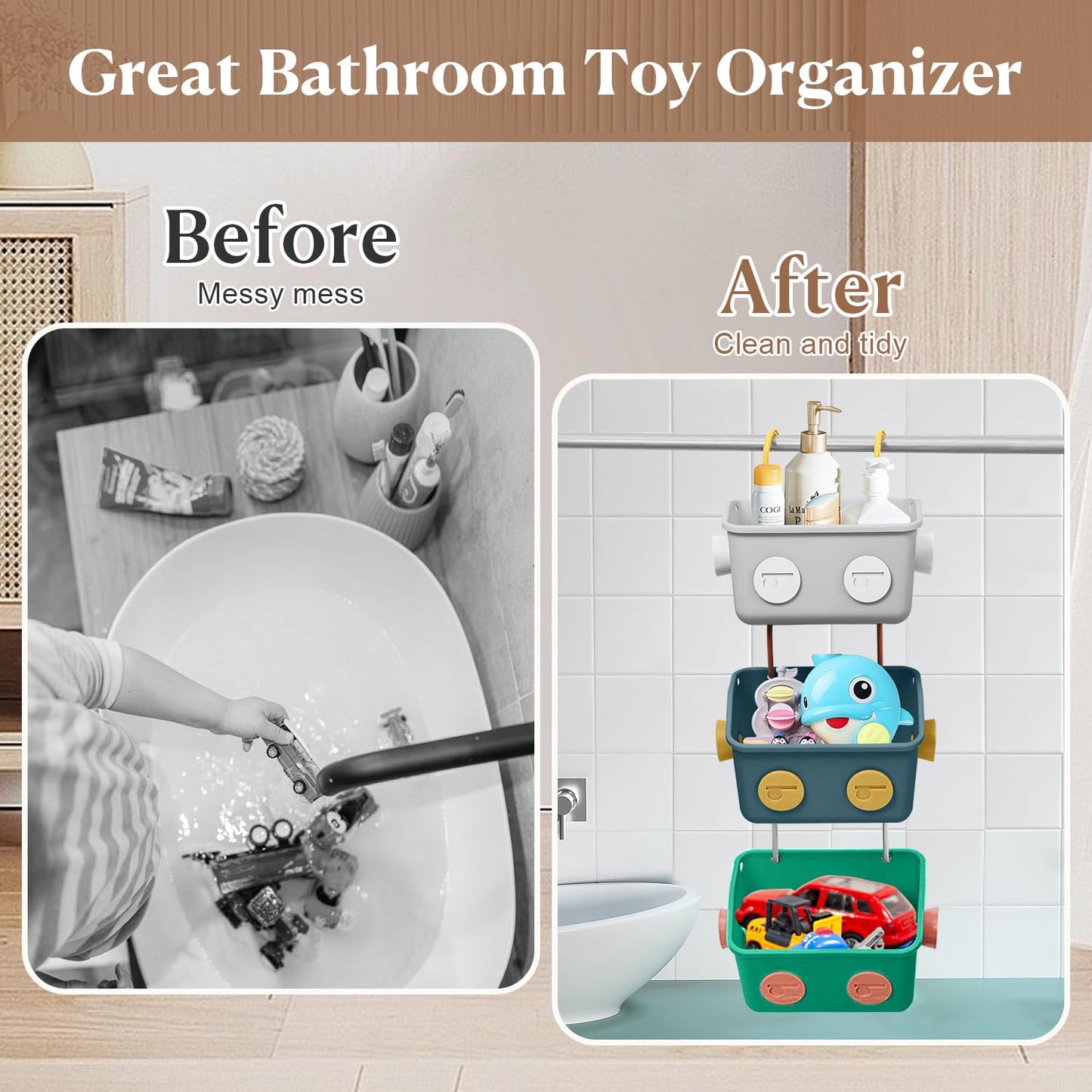 Karceyworth Bath Toy Storage Organizer Basket, 3 Pack Cute Robot Bathtub Shower Toy Organizer, Wall Mounted Hanging Bath Toy Holder with Hooks, for Tub Laundry