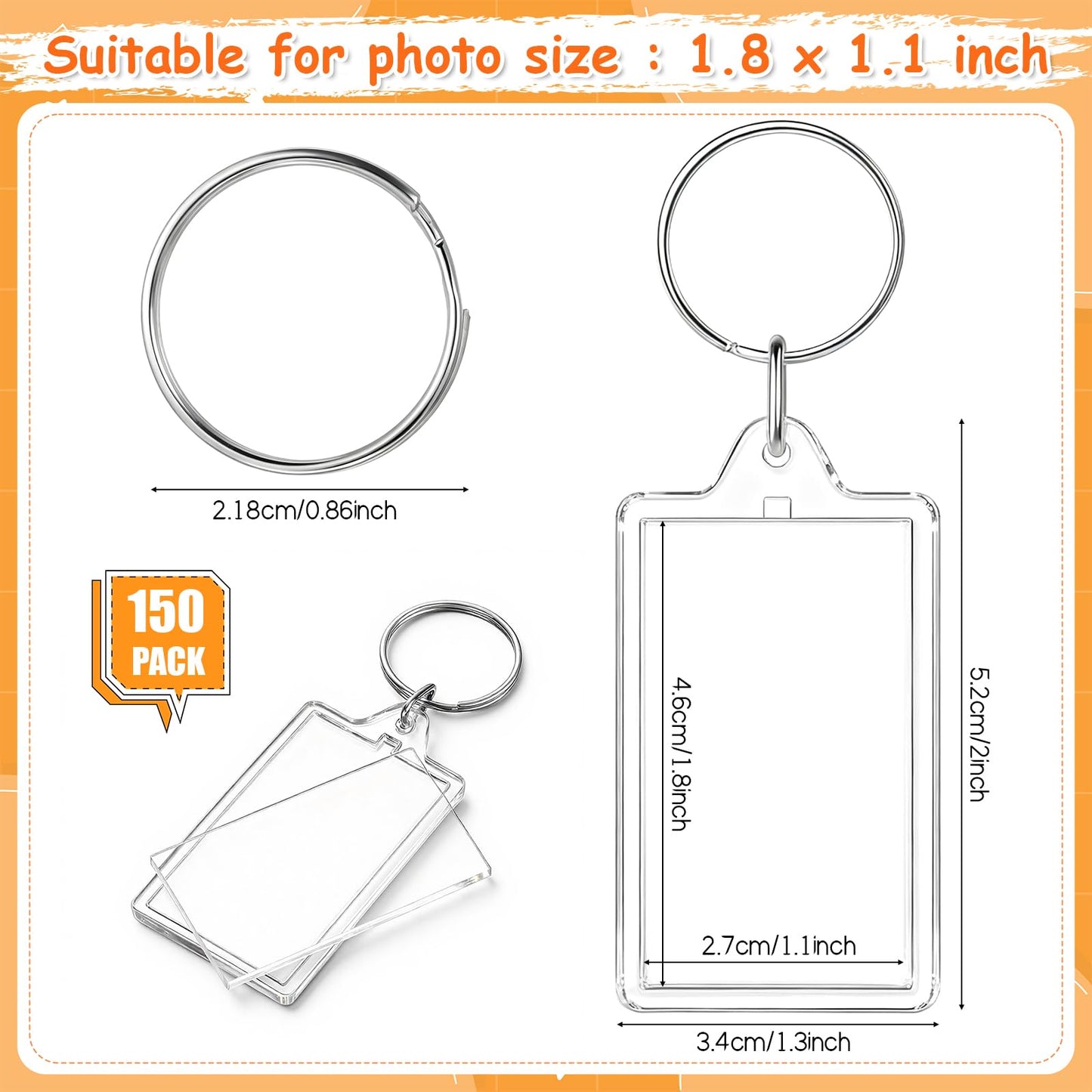 SHENLIU 150 Pack Clear Acrylic Photo Picture Keychain Blank, Double Sided Photo Insert Keychain Fit 1.1 × 1.8inch Pictures, Blank DIY Picture Frame Keyring with Split Ring DIY Craft