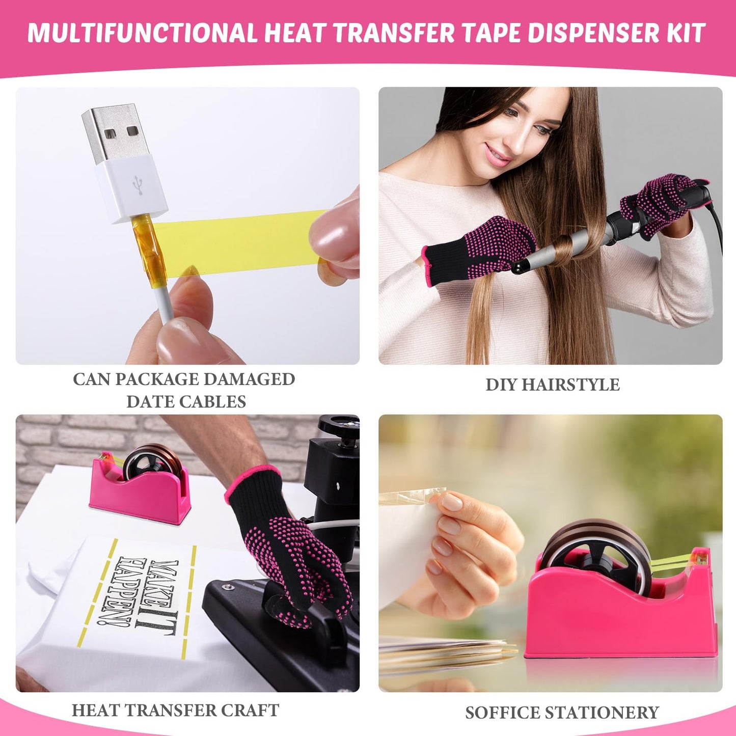 Kosiz 20 Pcs Heat Tape Dispenser Set 6 Multi Size Heat Tape for Sublimation 2 Press Gloves Resistant with Silicone Bumps Mini Cutter Pen Set Nonskid Weighted Base Holder(Rose Red)