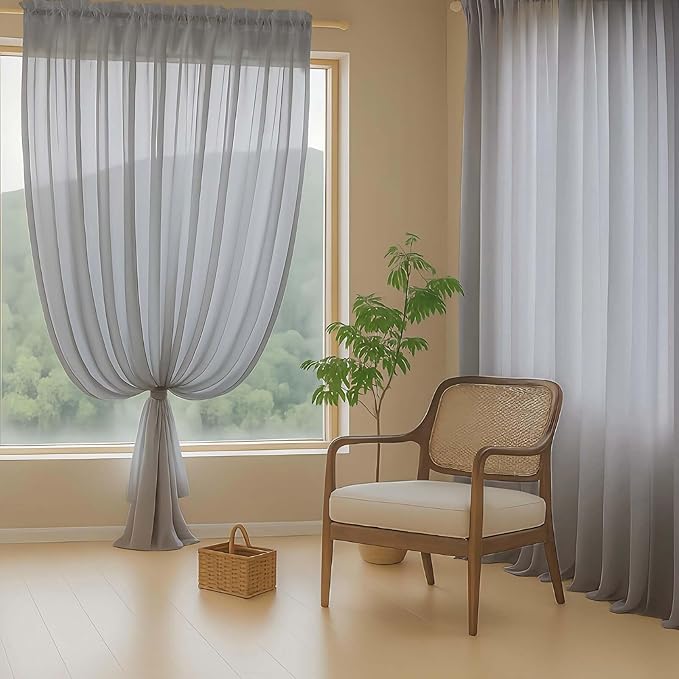 Grey Sheer Curtains 63 Inch Length 2 Panels, Voile Sheer Curtain for Living Room, Breathable Light Filtering Modern Window Treatments, Soft Fabric Dual Rod Pocket Drapes, 2x42Wx63L Inches