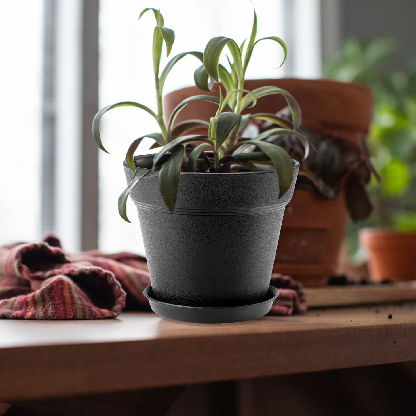 FHWTY 16 Pack Plastic Plant Pots with Drainage Holes and Tray, 4 inch Thickened Indoor Planters Seedlings Nursery Pots for Flowers, African Violet, Succulent and All House Plants, Black