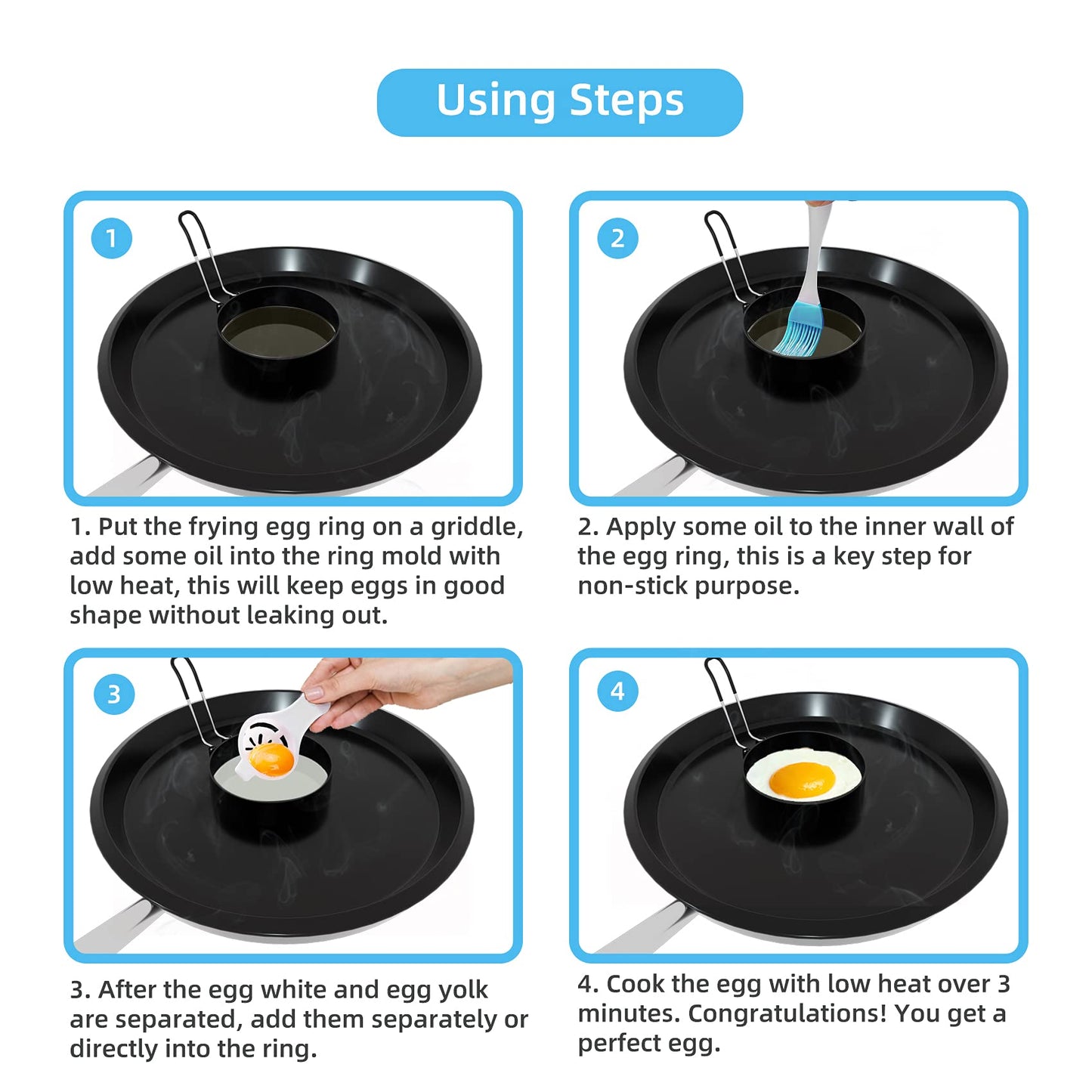 Stainless Steel Egg Rings for Frying Eggs（4 Pack） - 3.5" Round Non Stick Griddle Rings with Oil Brush, Egg Sandwich/Pancake/Cooking Molds, Breakfast Maker Accessories & Egg Separator