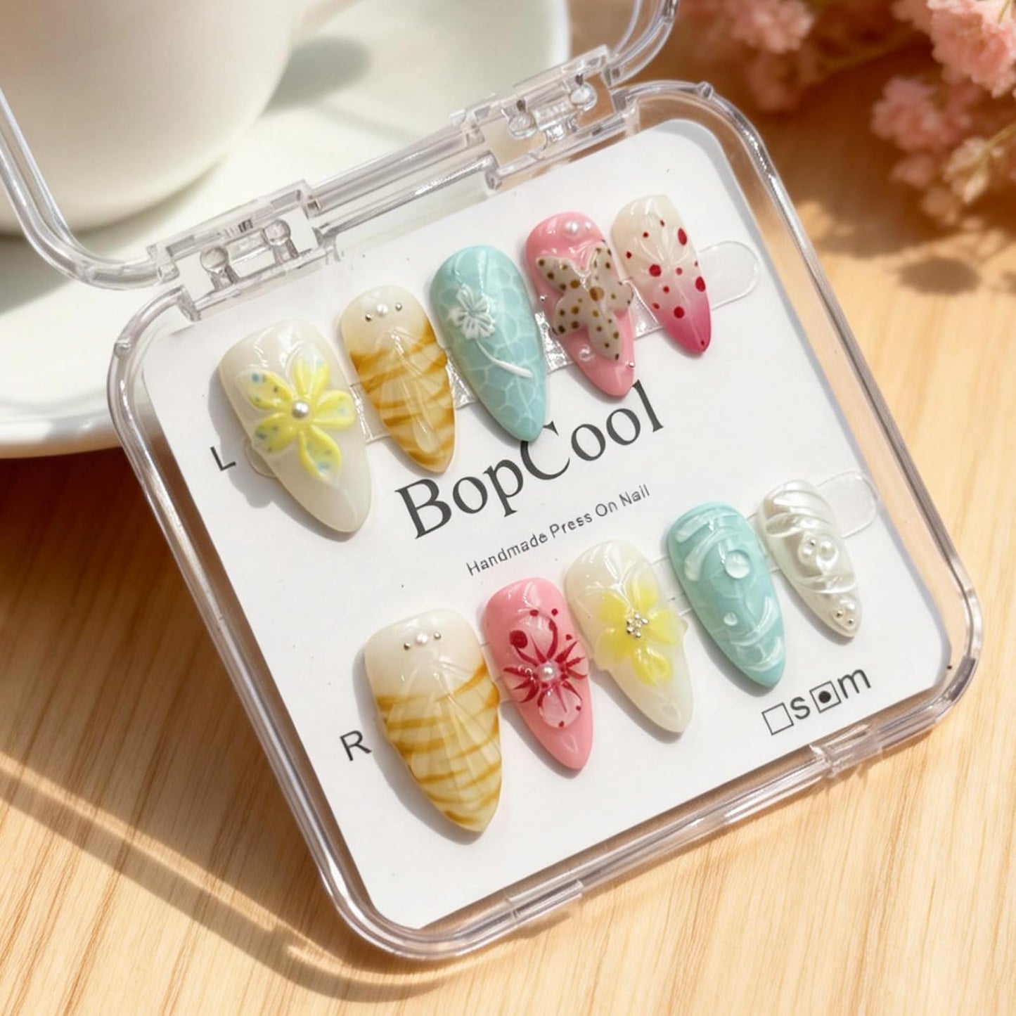 Luxury Handmade Press-On Nails – Medium Almond 3D Flower & Pearl French Tip, Blue Ocean Spring Pattern Reusable Acrylic False Nails (S-10PCS)