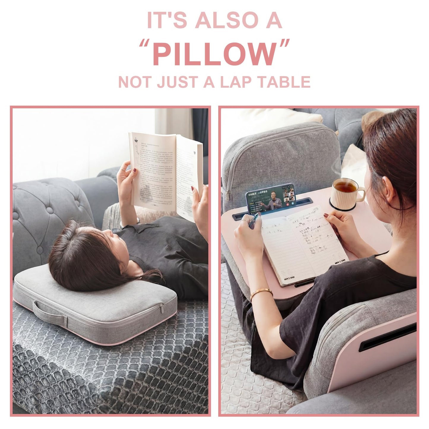 Lewtemi Pink Laptop Lap Desk with Cup Holder and Stopper Padded Phone Holder Couch Bed Sofa Fits up to 15.6 Inch Cushion Portable Lap Desk for Home Office Study Writing