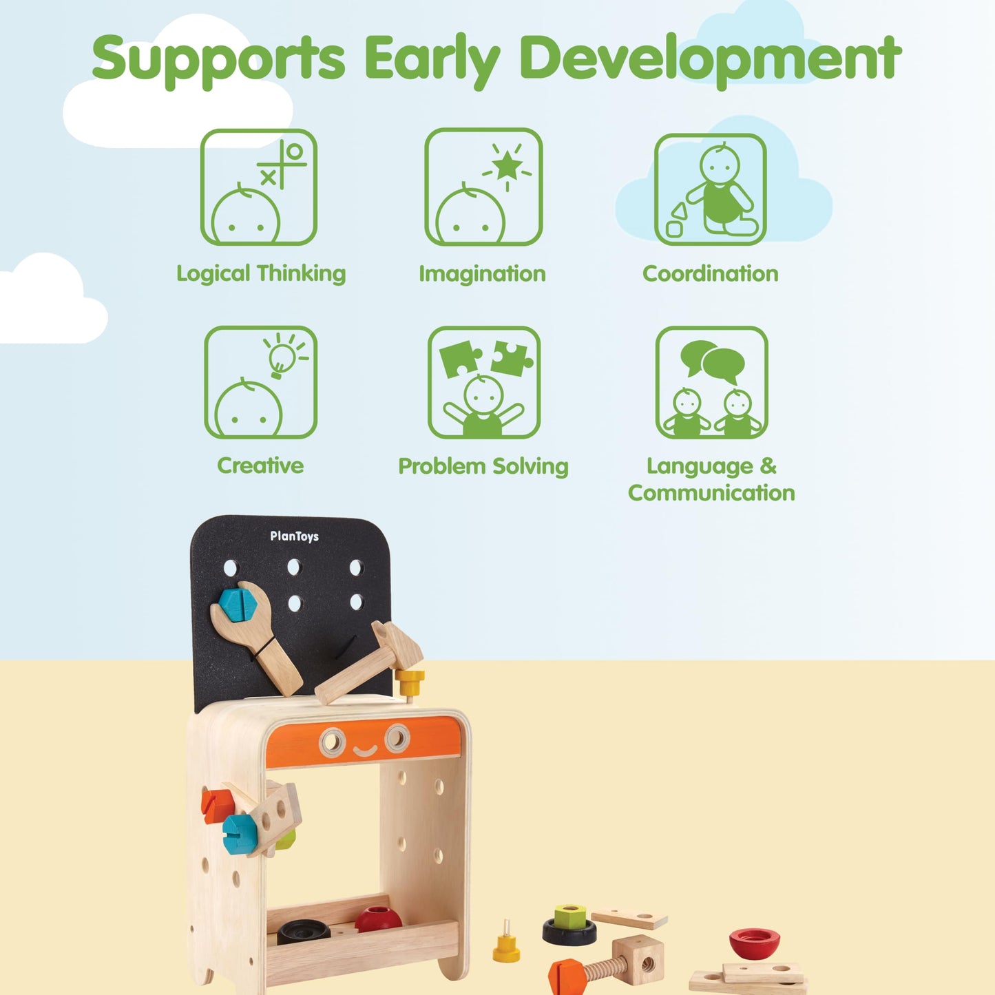 PlanToys® Wooden Tool Bench for Kids | Pretend Play Construction Toy with Tools & Accessories | Educational STEM Toy for Toddlers | Montessori Fine Motor Skills Workbench Playset