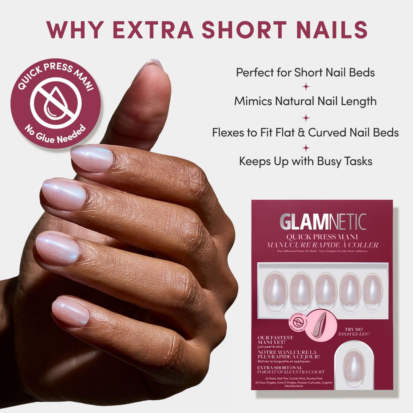 Glamnetic Quick Press Mani - No Glue Press On Nails, Just Peel and Stick, Oval Extra Short Nails, Mess Free, Salon Quality Stick On Nails, Nude Glazed | in 15 Sizes - 30 Nail Kit