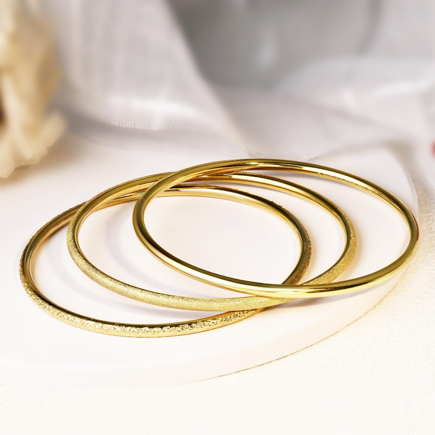Kainier 3mm 14K Gold Plated Bangle Bracelets 3mm Elegant Thin Round Bangles for Women Stackable Solid Bracelets Sets Ideal Gift for Love (Gold B, 8.0 Inches)