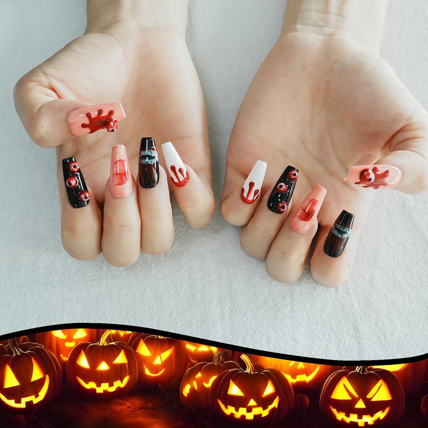 Tesytto Handmade Press on Nails Long Coffin - 3D Eyeballs with Red Drops Design, Multi-Layer Gel Acrylic Nails for Parties, Halloween (Vampire Eyes,M)