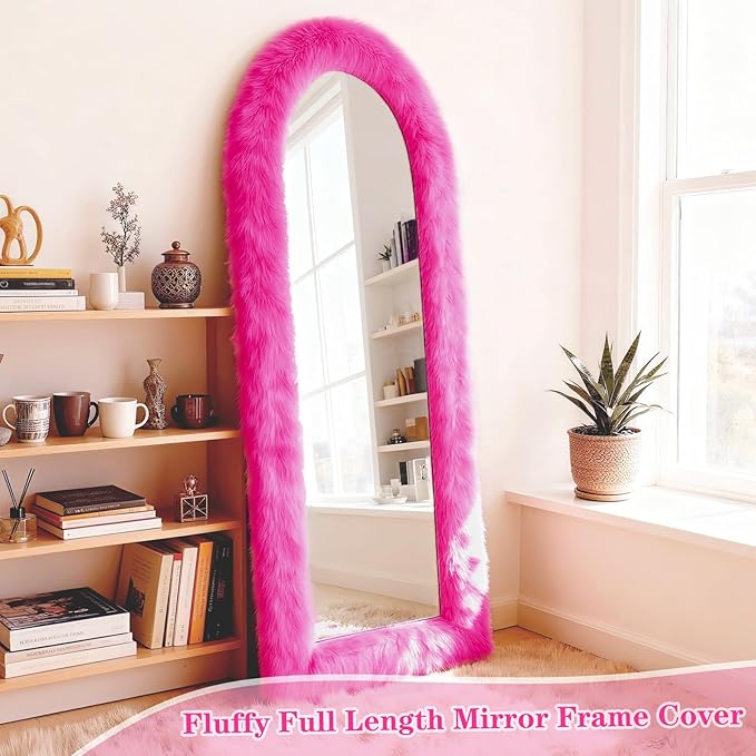 Fluffy Full Length Mirror Cover Universal Ultra Soft Non-Slip Border with Adhesive Tape Pink Fuzzy Frame Decor for Standing Mirror Bedroom Cloakroom Home Decor Women Gifts (vibrant pink, 59x16 inches)