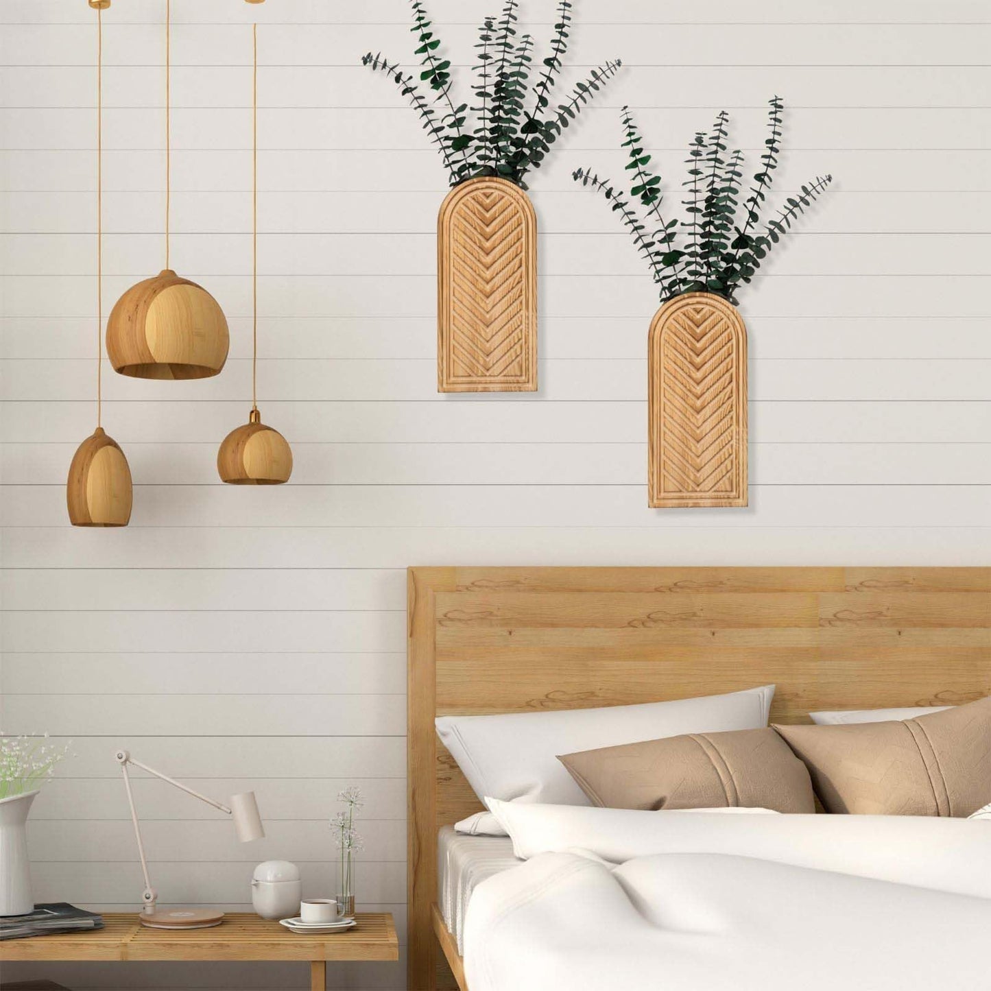 Jerbikas 2 Pack Empty Wooden Wall Vase Set: Modern Farmhouse & Boho Decor for Pampas Grass, Dried Flowers, Faux Greenery - Hanging Planter for Living Room, Bathroom, Above Couch, Office