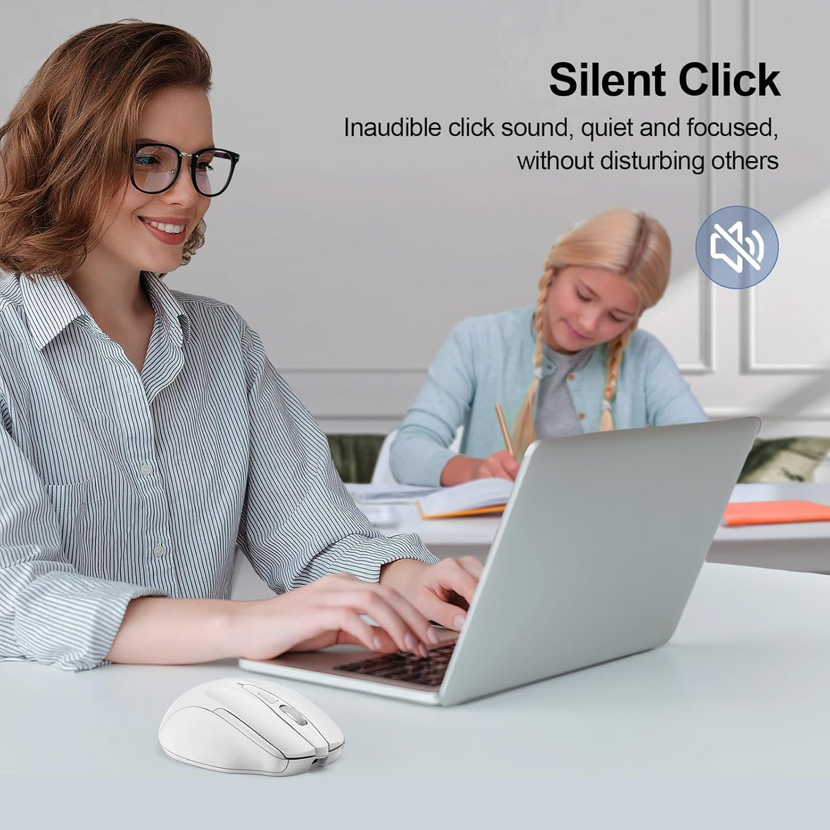 TECKNET Wireless Mouse (BT5.0/3.0 & 2.4G) Rechargeable 4800 DPI Silent USB A & Bluetooth Mouse 6 Buttons, Wide Compatibility - White