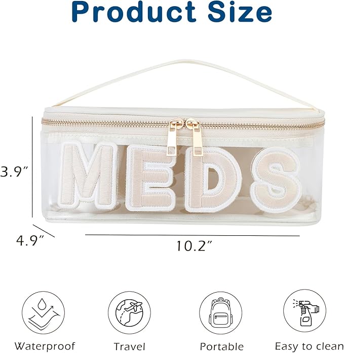 Clear PVC Letter Patch MEDS RX Makeup Bag with Metal Zipper,Large Capacity Nylon Transparent Medicine Bag with Top Handle,First Aid Travel Organizer Cosmetic Bag(01 Beige MEDS)
