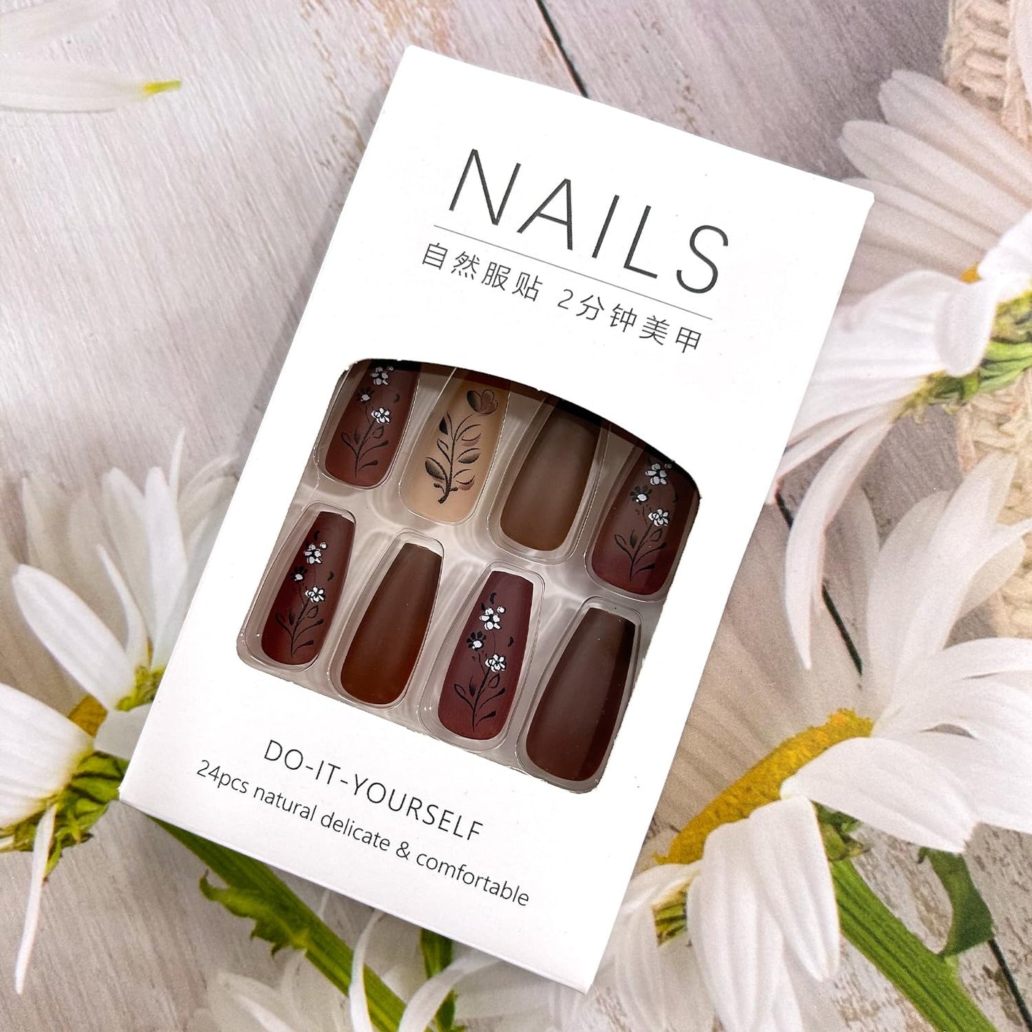 Brown Press on Nails Medium Matte Fake Nails Brown Flower Pattern Design Artificial Nails Solid Color Press Nails Full Cover Ballet Shaped Nails Acrylic Stick on Nails 24Pcs Glue on Nails for Women