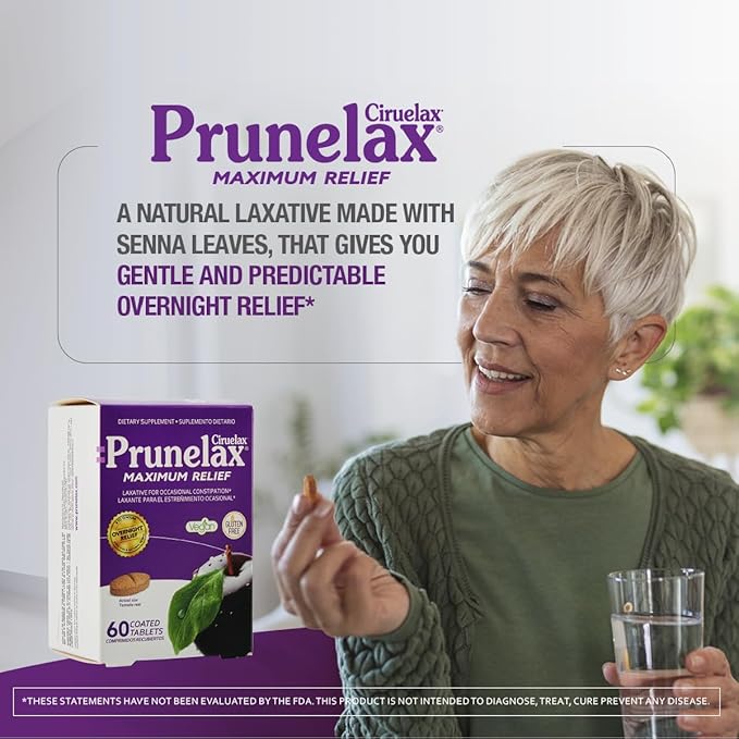 Prunelax Ciruelax Maximum Relief Laxative Tablets with Natural Senna for Occasional Constipation, Senna Extract, Vegan & Gluten-Free, Gentle Overnight Relief - 24ct
