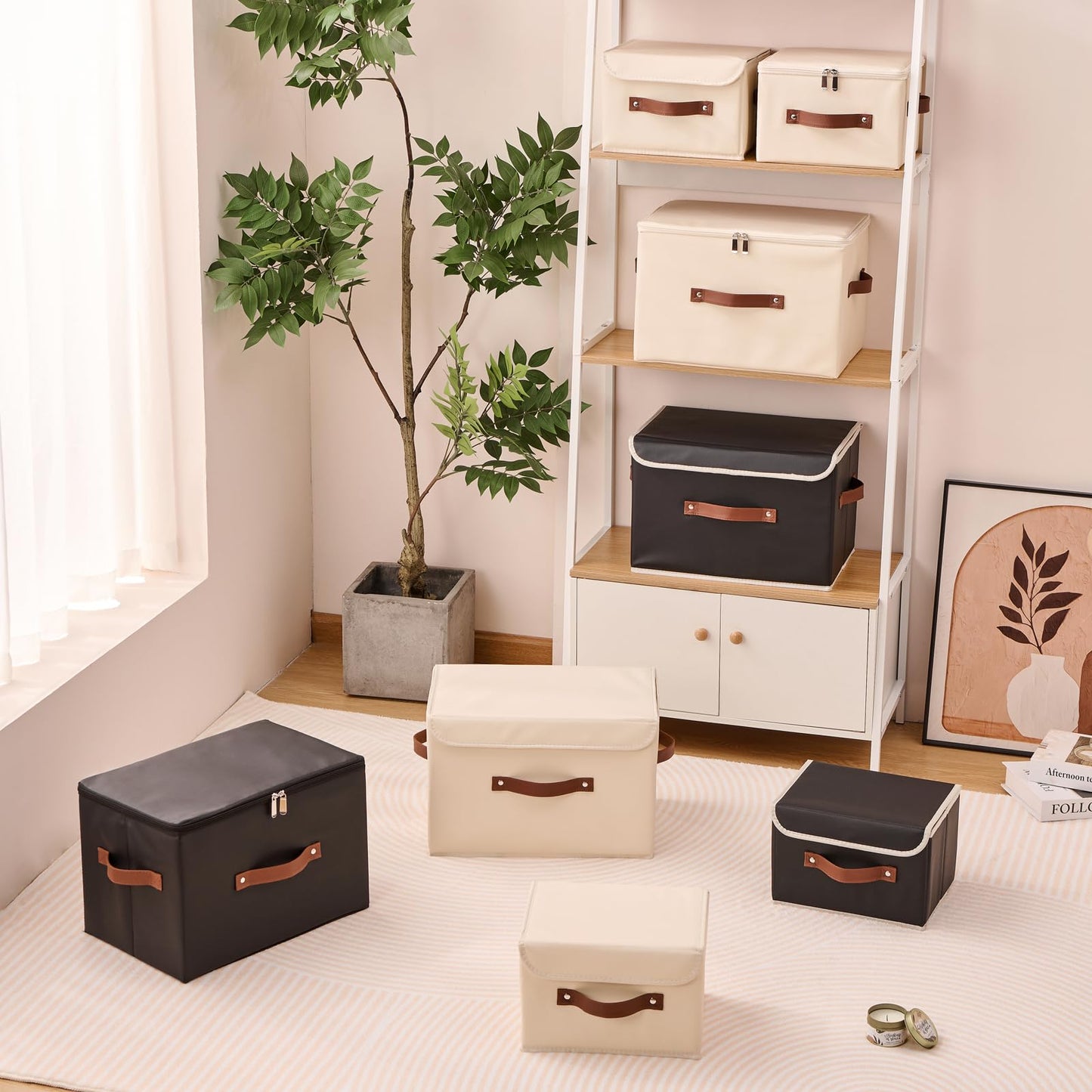 LOLUVIZCO 2PCS Storage Bins Box with Zippered Lid Decorative PU Leather Fabric Basket with Handles PP Plastic Board Foldable Washable Lidded Clothing Shelf Closet Organizer Container (Black, Small)