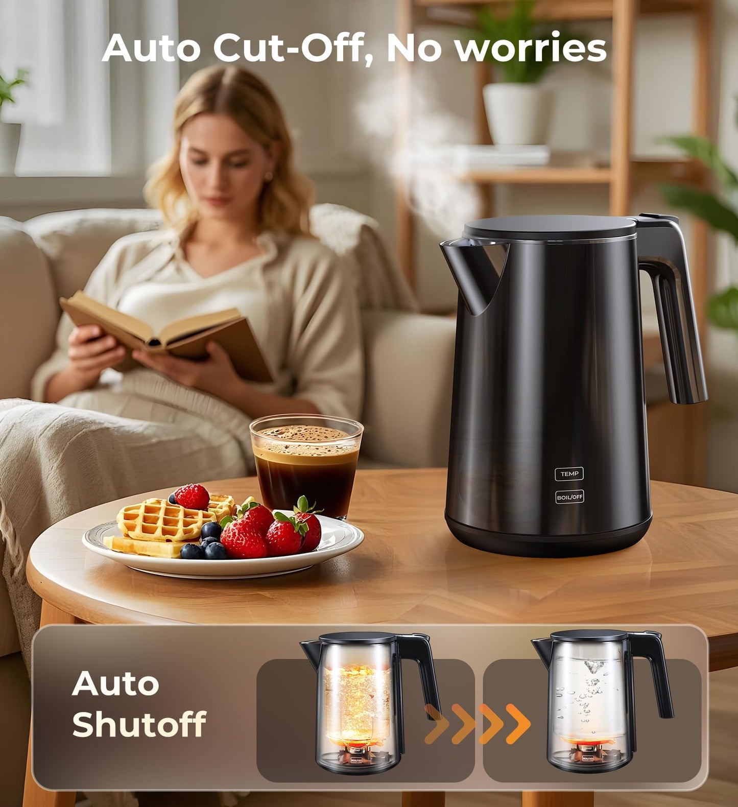 Electric Kettle 1.0L 1200W, 7 Temp Settings, 4H Keep-Warm, Fast-Boil Stainless Steel Electric Tea Kettle, 120V Water Boiler with Auto-Shut Off, Cool Touch PP Exterior for Home Office, Black