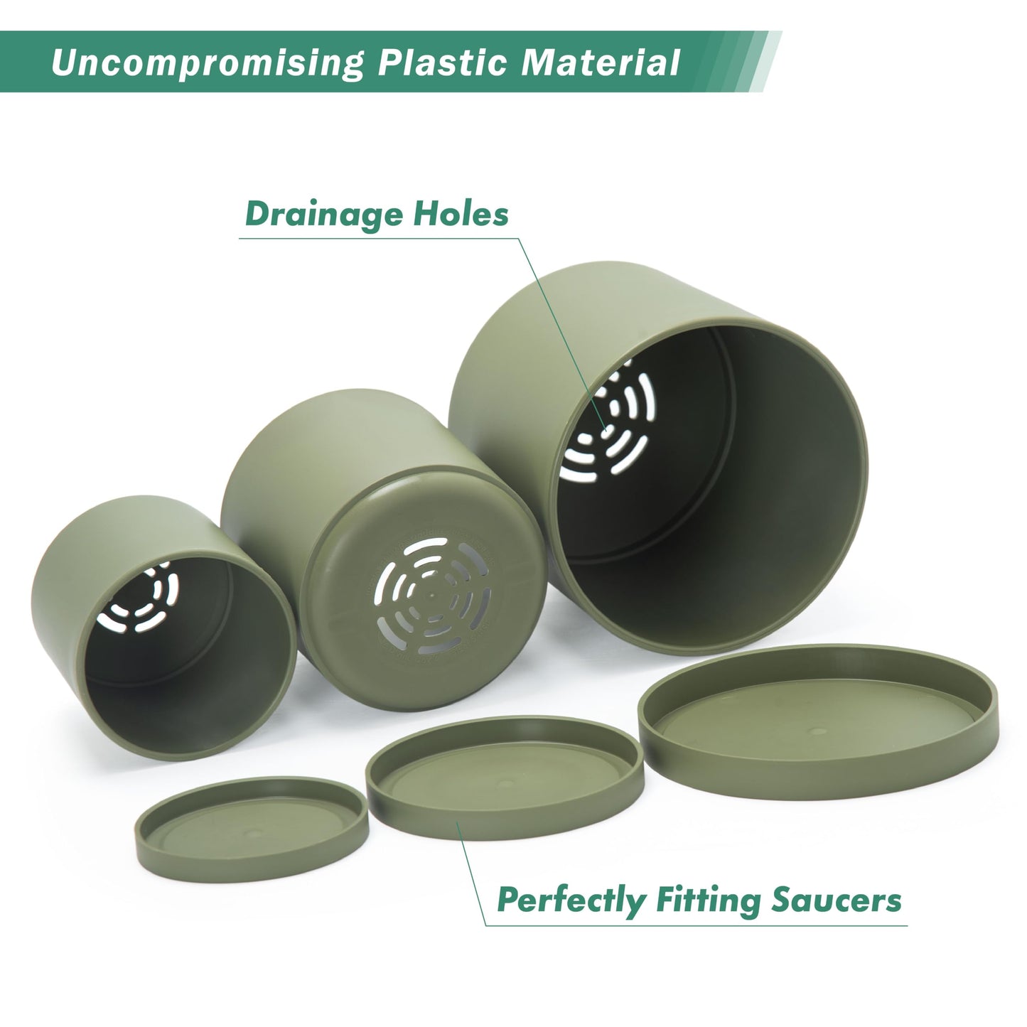 D'vine Dev 4 Inch 5 Inch 6 Inch, Set of 3 Plastic Planter Pots for Plants with Drainage Hole and Seamless Saucers, Olive, Small, 74-V-I-1