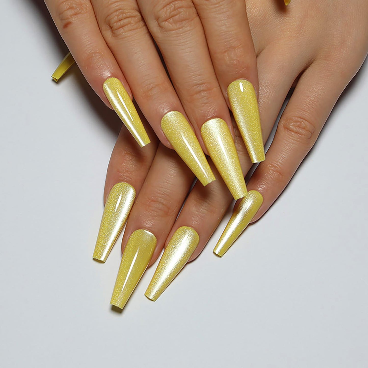 Handmade Press on Nails - Lemon Yellow Fake Nails | Velvet Effect Design Summer Nails | Glossy,Glitter,Gradient Color,Reusable Long Acrylic Nails | 12 Sizes - 24 Nail Kit with Jelly Glue