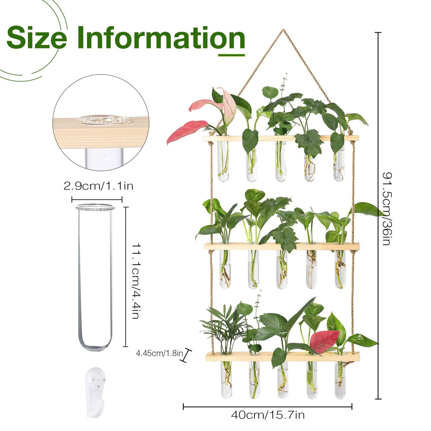 XXXFLOWER Wall Hanging Propagation Station with Wooden Stand 5 Glass Test Tubes 3 Tiers Planters Wall Terrarium for Home Office Plant Hanger Flower Vases Wall Decor Hydroponic Cuttings
