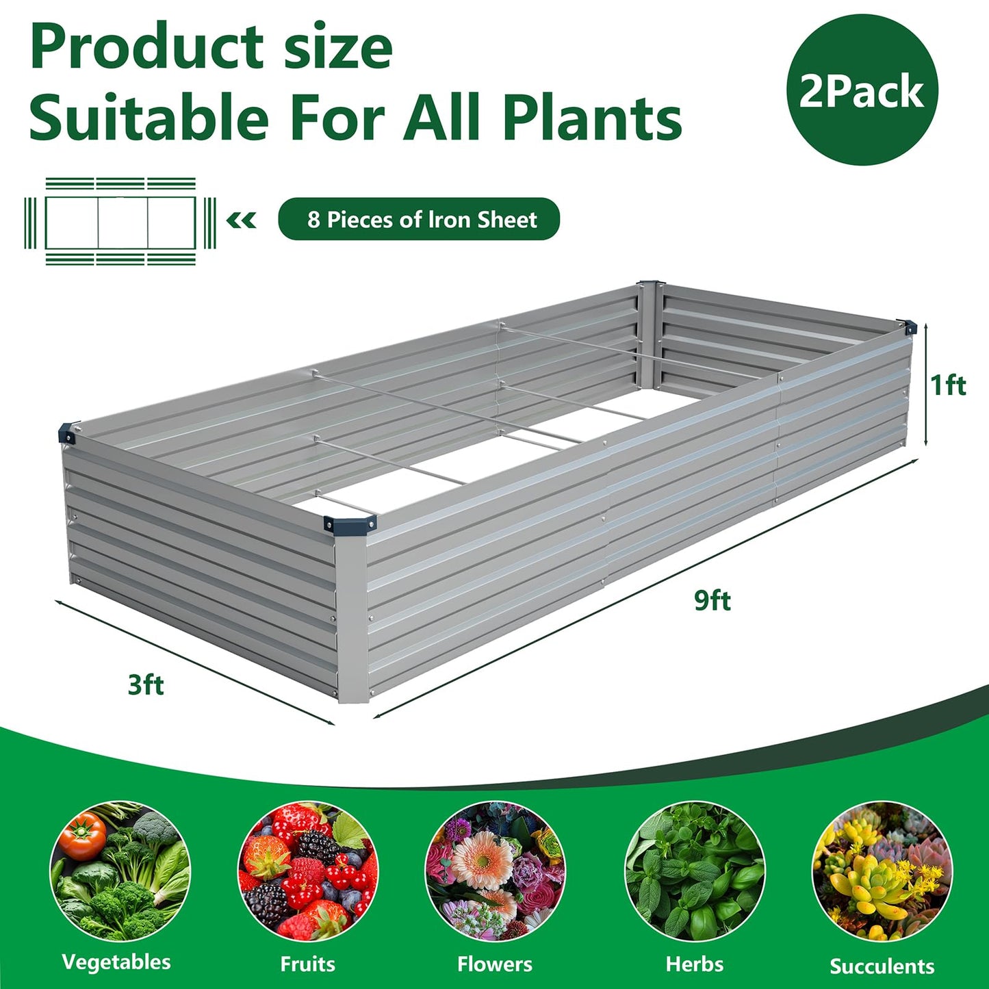Vengarus 2 Pack 9x3x1FT Galvanized Raised Garden Bed Kit, Outdoor Metal Planter Box for Vegetables, Rectangular Steel Container, Easy Assembly (Silver)