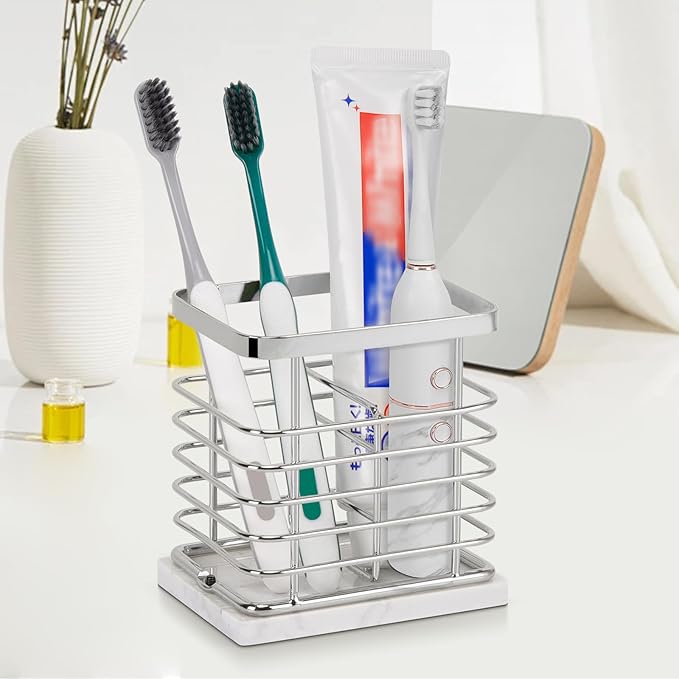 HarJue Toothbrush Holder, Luxurious Metal Toothbrush Toothpaste Holder with Marble Base for Bathroom, Multi-Slots Openwork Design, Bathroom Accessory for Storage and Organizer (Small, Chrome)