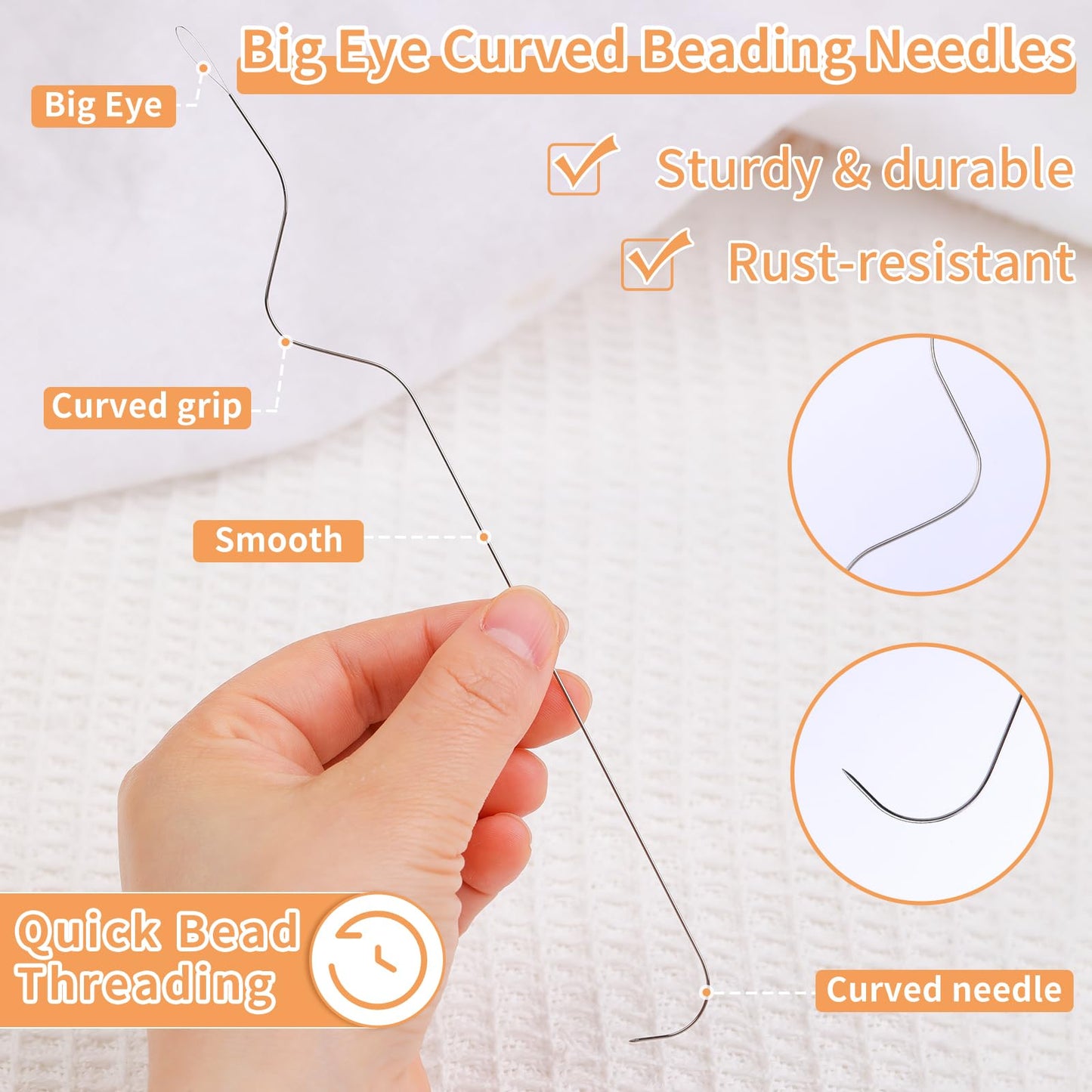GarfxG 8 PCS Beading Needles-7.48 Inches Stainless Bead Spinner Needles, Big Eye Curved Beading Needles for Jewelry Making with 2pcs Threaders (Ergonomic Arc Design)