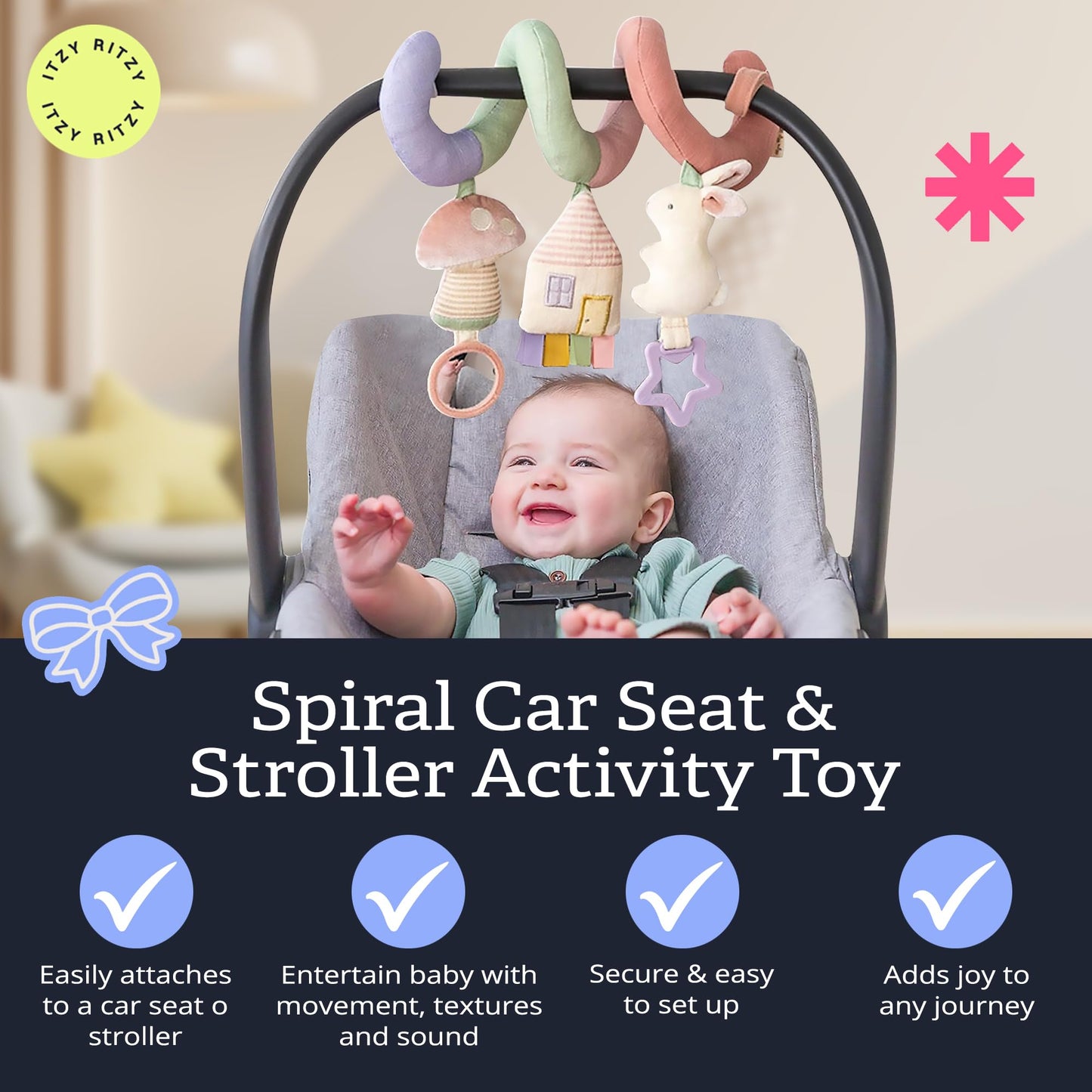 Itzy Ritzy Spiral Car Seat & Stroller Activity Toy - Stroller & Car Seat Toys for Ages 0 Months and Up - Hanging Toys Include Dangling Ring, Mirror and Textured Ribbons (Pastel Rainbow)
