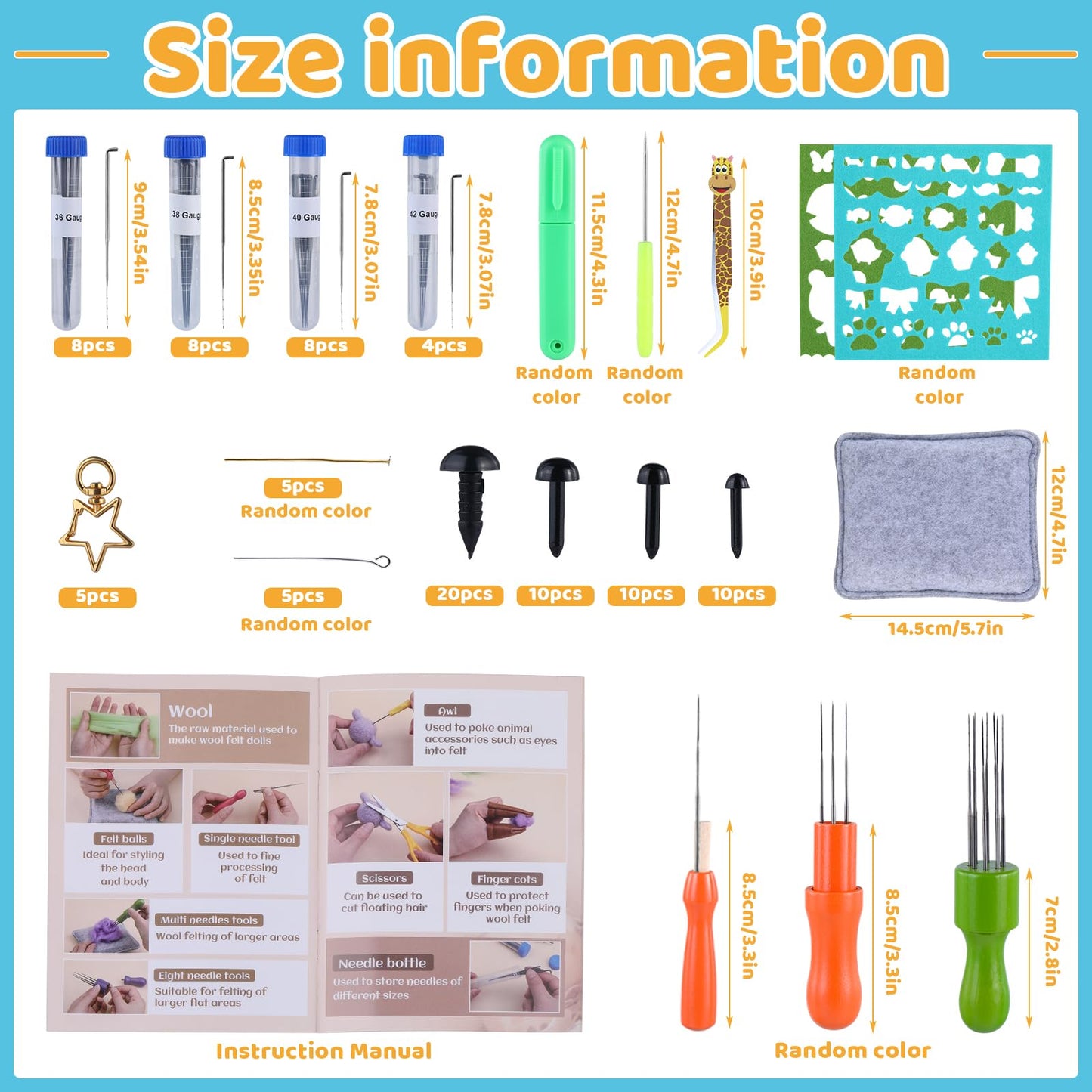 JNENERY Needle Felting Kit, 42 Colors Wool Roving Starter Kit, Needle Felting Starter Kits, Needle Felting Wool with Felt Tools, Instructions, Green Storage Bag for Felted Animal