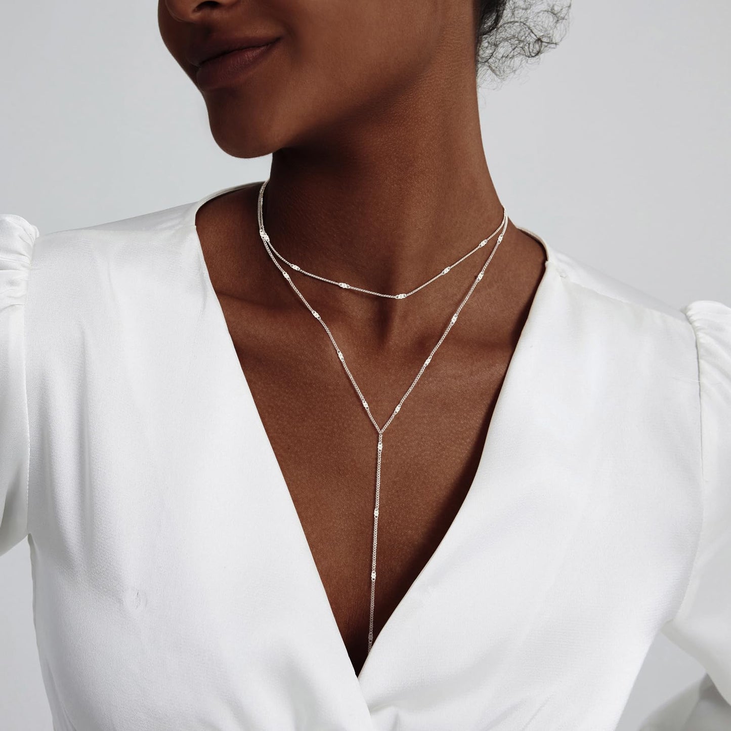 LULII Dainty Long Silver Necklace for Women Trendy Lariat Y Necklace Silver Plated Layered Chain Drop Y-Shaped Jewelry Gift