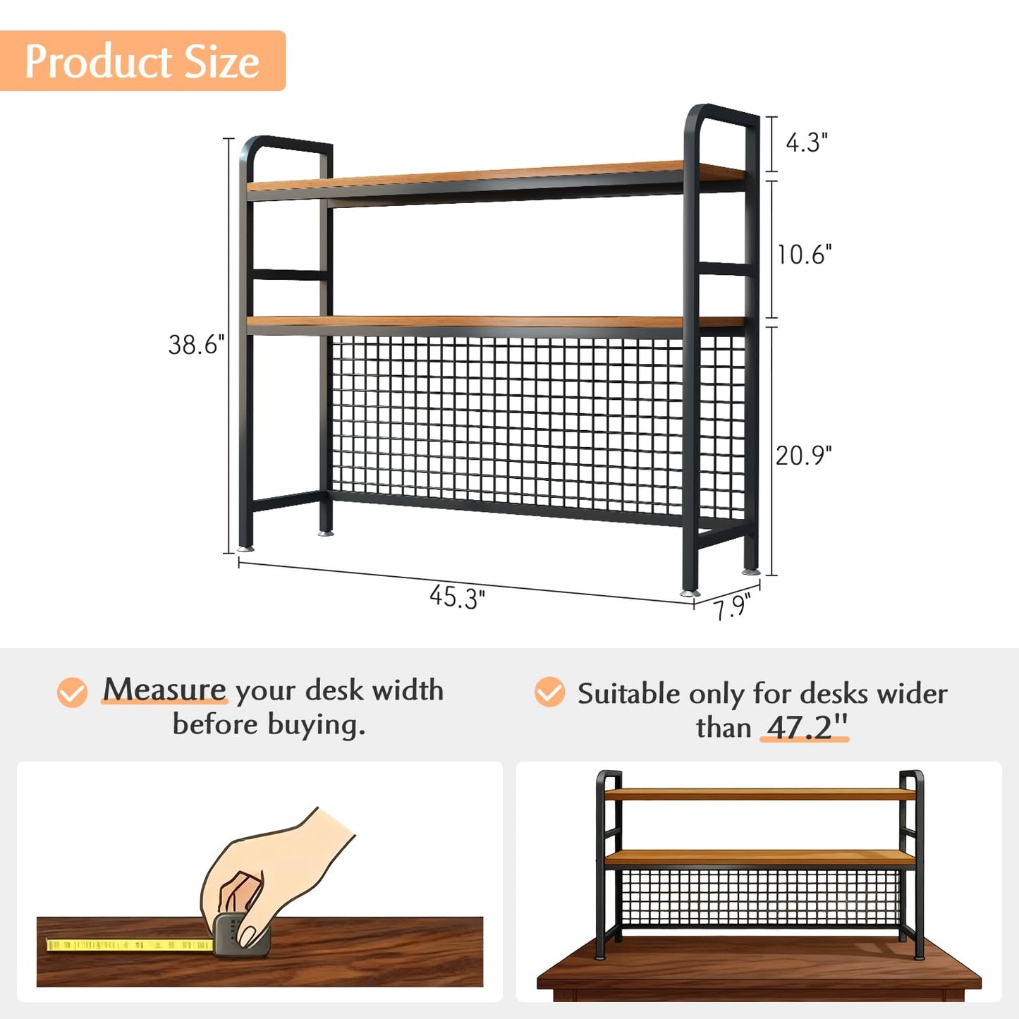 IOTXY 2-Tier Desktop Hutch Bookshelf - Metal Desk Shelf Bookcase with Grid Panel, Countertop Storage Organizer Rack for Dorm or Office, Black, 45.3" W