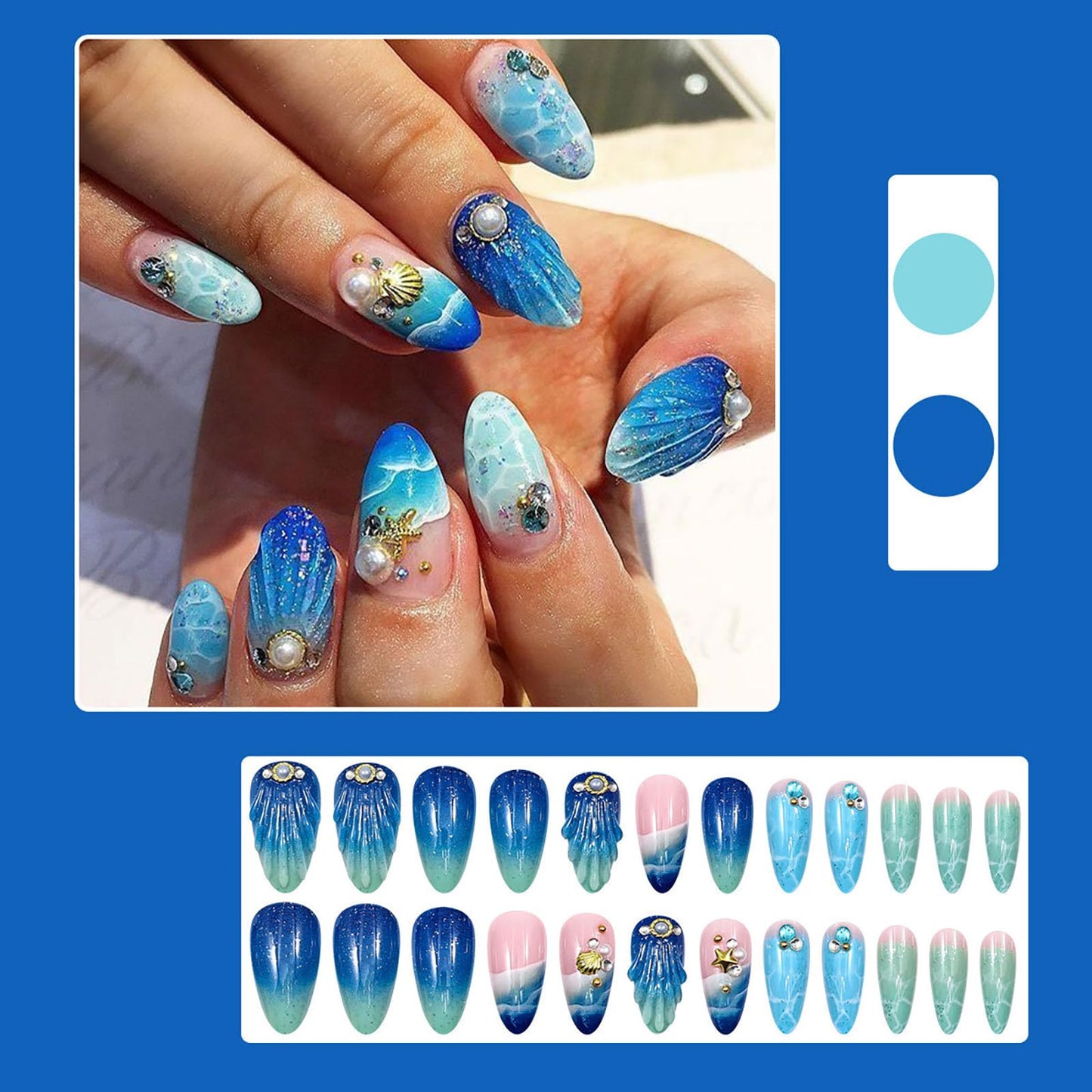 RUOKEXIN Almond Press on Nails Medium Fake Nails Beach False Nails with 3D Shell Designs Summer Blue Nail Press ons Sparkly Artificial Nails for Women 24Pcs
