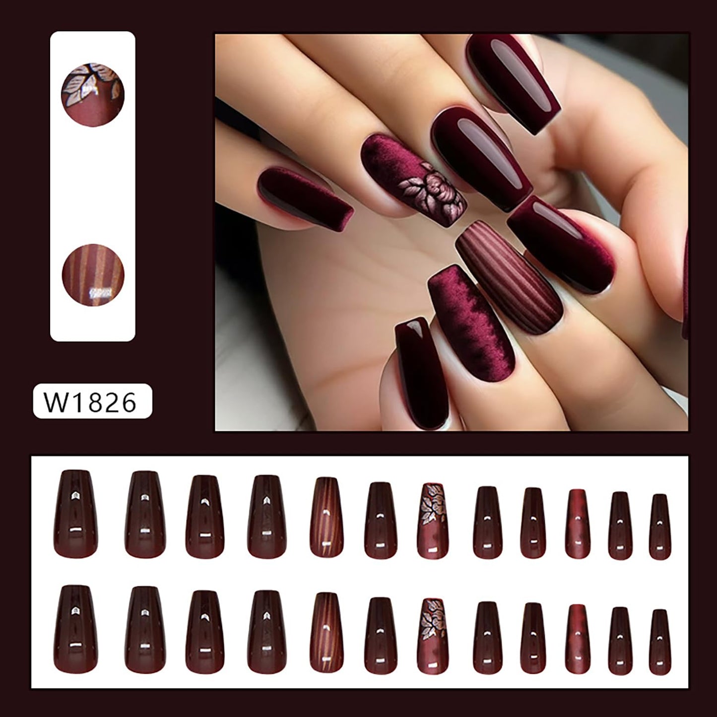 Wine Red Press on Nails Medium Length Flower Stripe Pattern Design False Nails Artificial Coffin Nails Full Cover Glossy Acrylic Nails Solid Color Stick on Nails Ballet Shaped Glue on Nails for Women