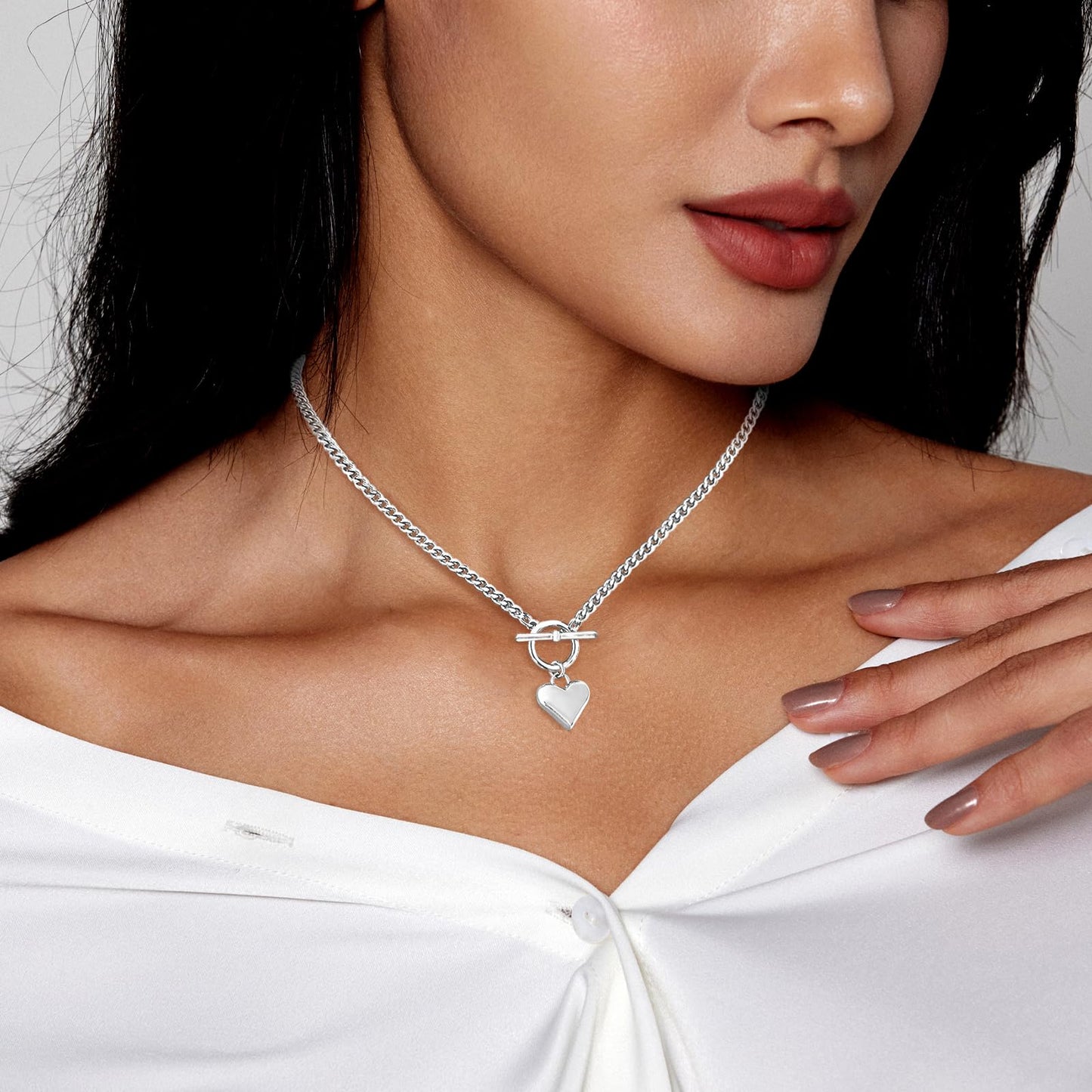 Zeffy Silver Chunky Puffy Heart Necklace Big Heart Chain Link Necklace Toggle Clasp Heart Charm Necklaces Women Jewelry