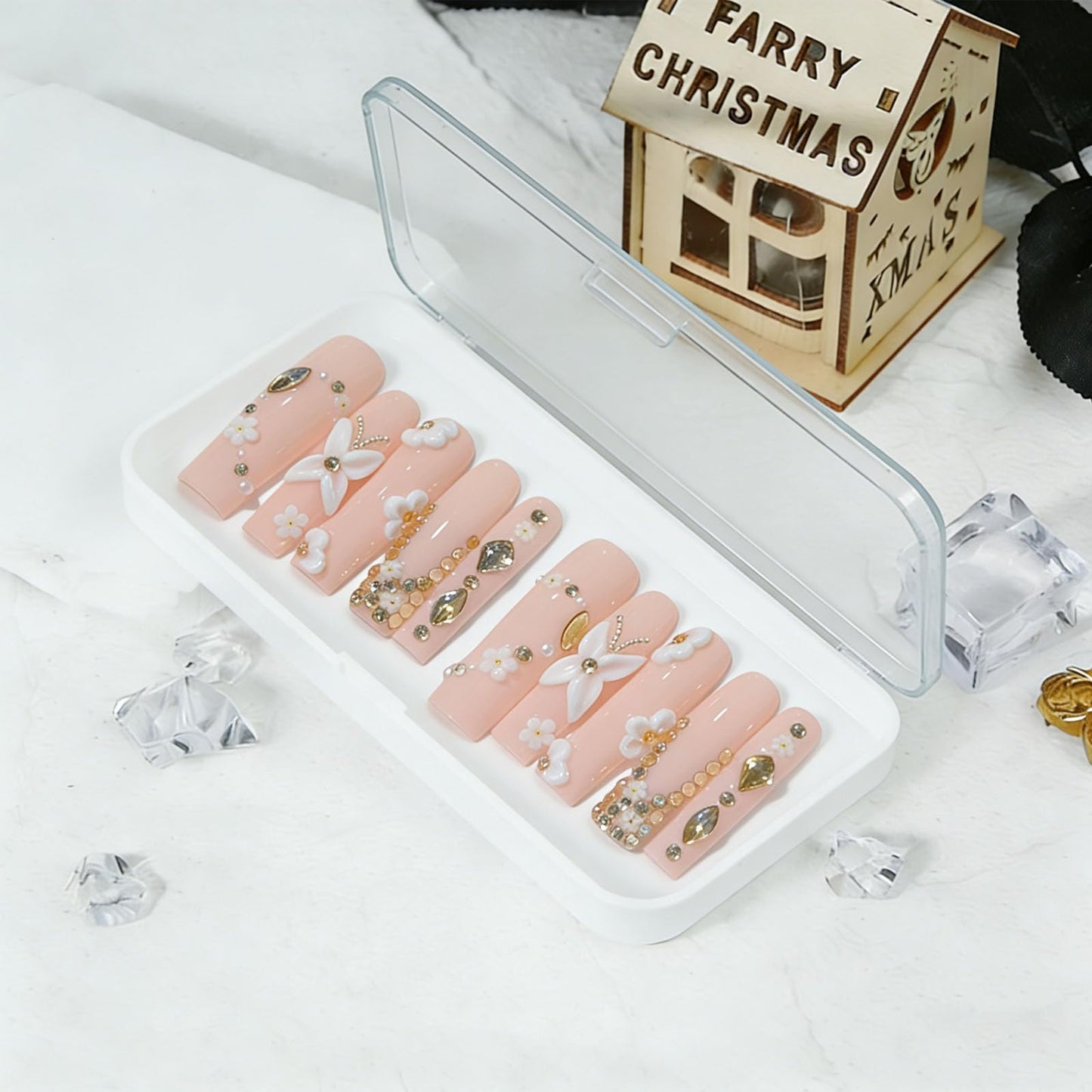 10 Pcs Extra Long Handmade Press on Nails Square Fake Nails with 3D Flowers Rhinestones Charms Curve Design Pink Acrylic False Nails Long Press Ons Nails for Women Wedding Party Manicure - M Size