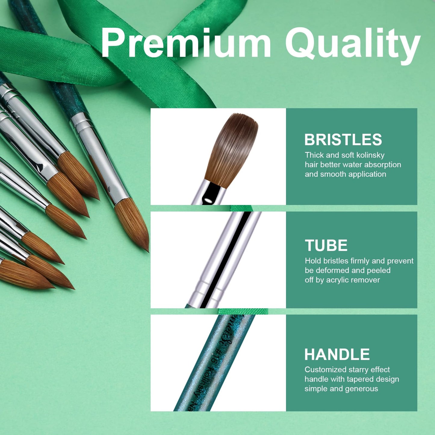 KEMEISI Acrylic Nail Brush Size #16, 100% Pure Kolinsky Nail Art Brushes for Acrylic Application, Sturdy Starry Handle Oval Shaped Nail Design Tools for Professional Manicure DIY, Green