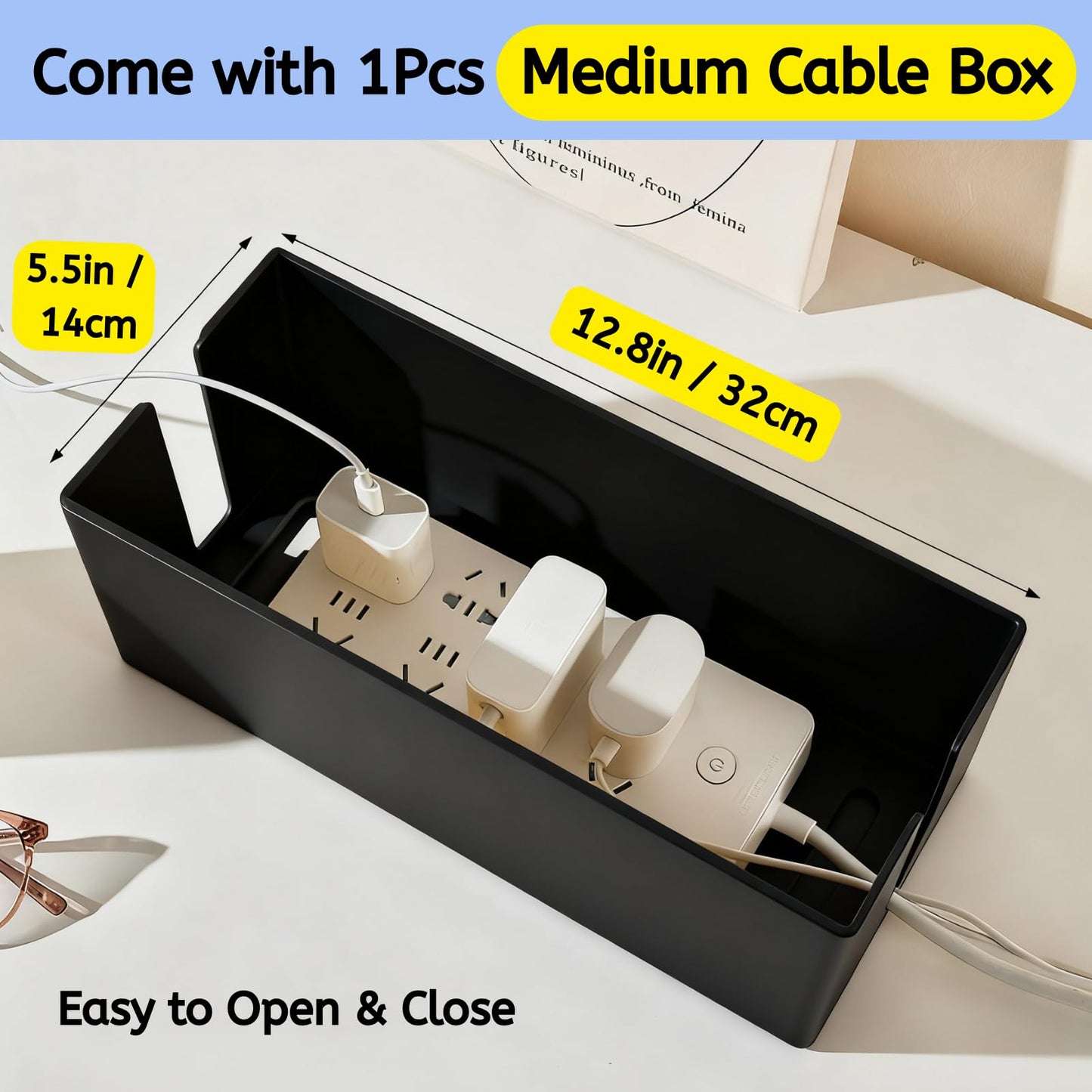 Cable Box - [142Pcs] Cable Management Kit, Medium Cord Hider Box to Conceal Power Strip Holder on Desk or Floor, Under Desk Cable Management Kit Cable Organizer Box, TV Cord Organizer Box, Black